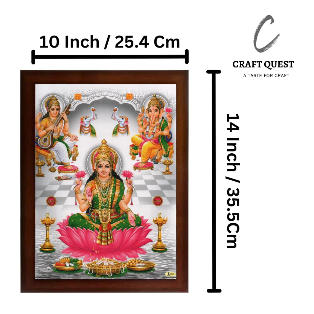 CRAFT QUEST Goddess Lakshmi Devi with ganesh ji and saraswati maa Wall Painting Frame Home Decor