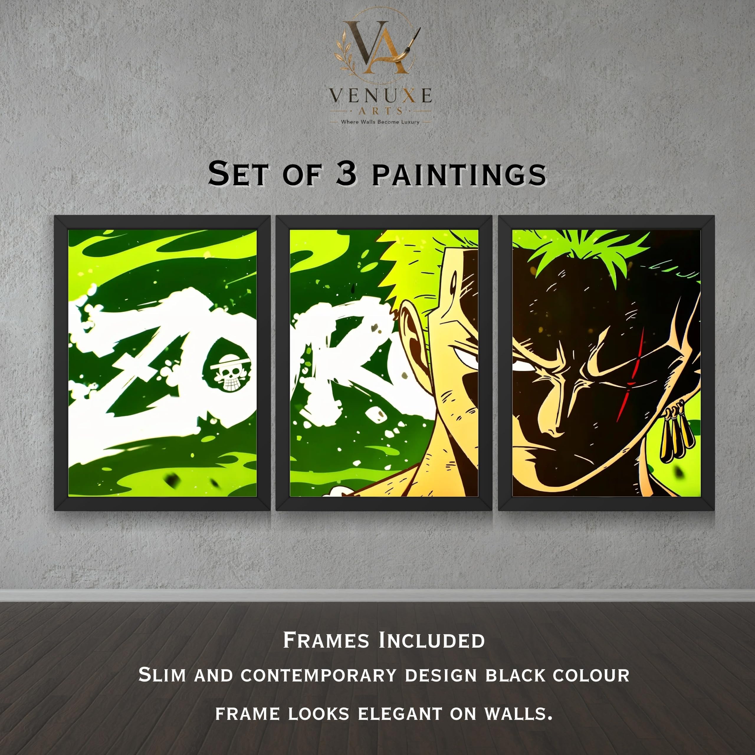 VENUXE ARTS Set Of 3 Anime Characters Wall Framed |Anime Characters Framed Poster for Living Room Bedroom Gaming Room Studio Wall Decor