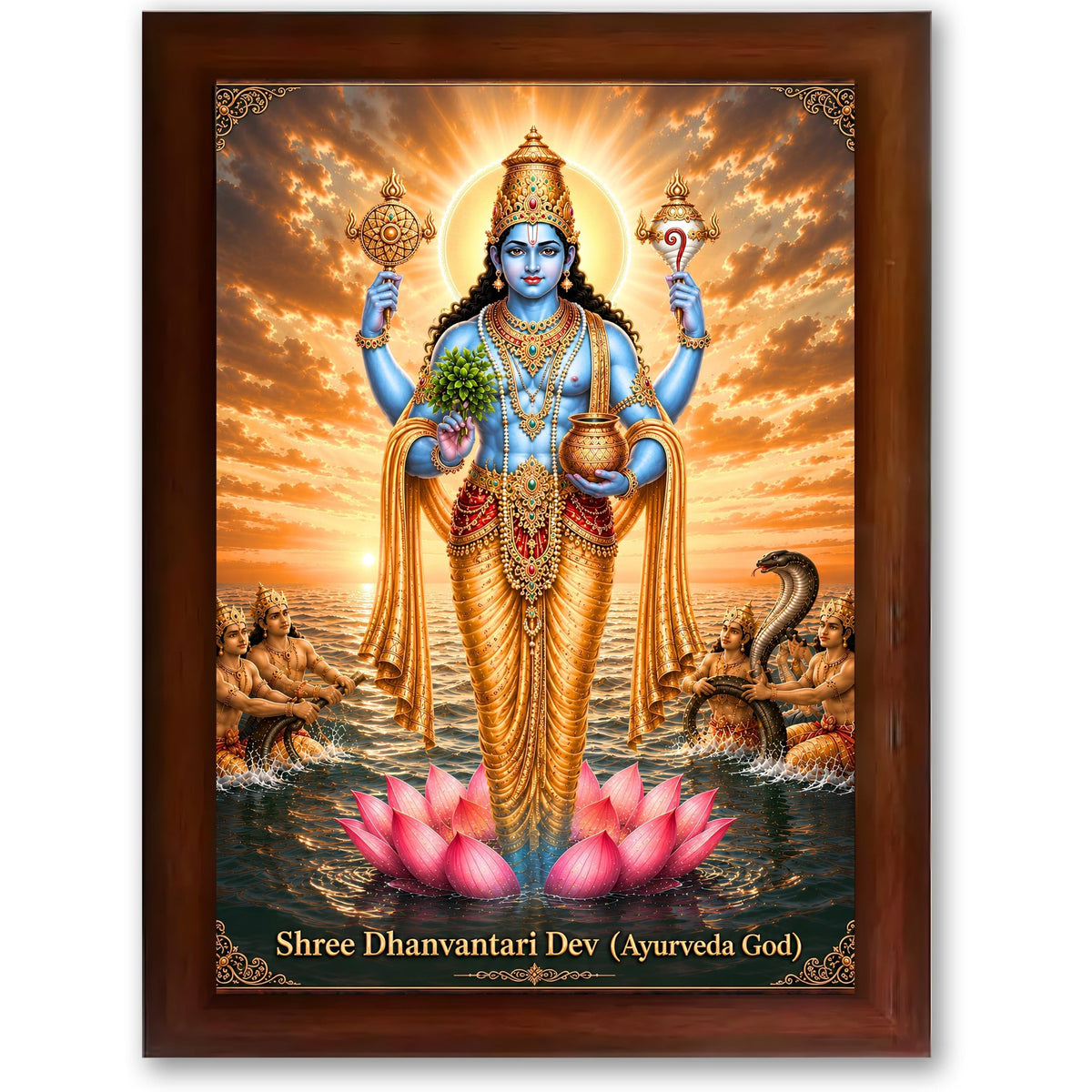 CRAFT QUEST Lord Dhanvantari/Dhanwantari Photo Frame | Hindu God of Ayurveda & Healing | Wooden Framed Wall Art for Home Temple, Office & Clinic Decor | Vastu & Spiritual Gift Item