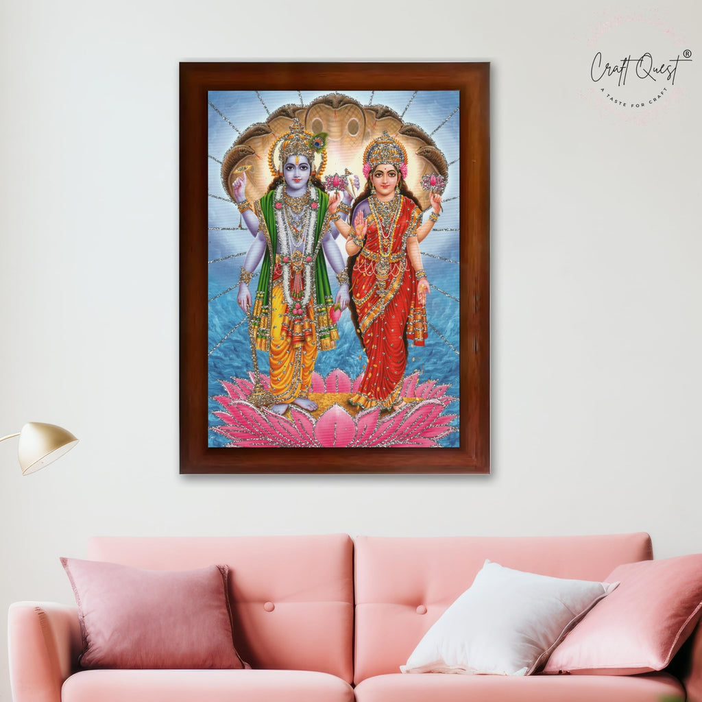 CRAFT QUEST Lord Vishnu Dev Lakshmi Devi Laxmi Narayan Ji Wall Painting Framed Home Decor, Religious Photo Frame