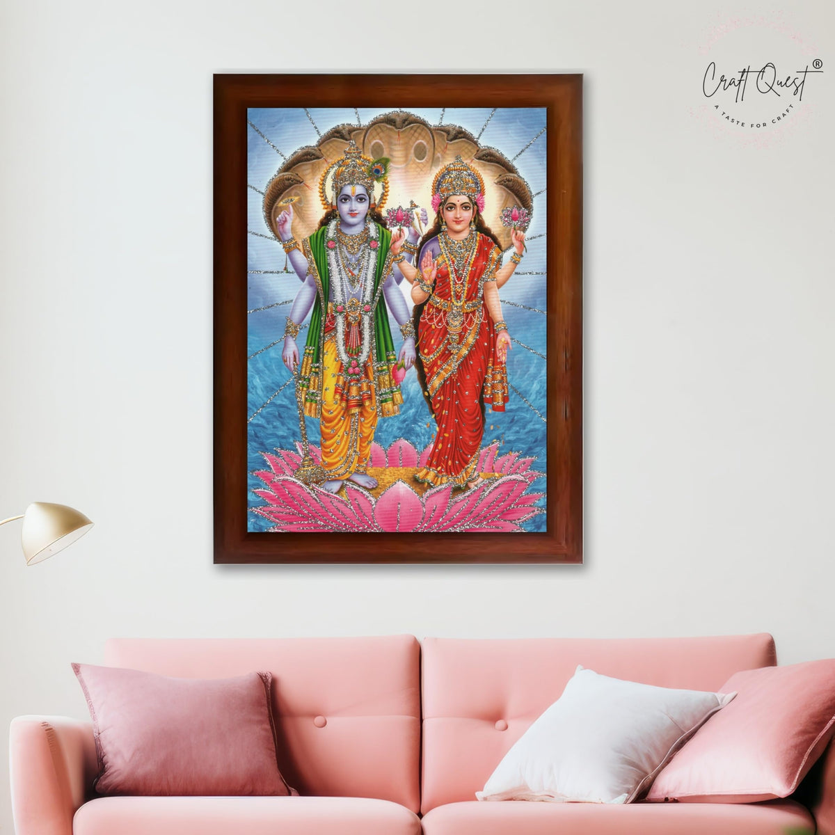 CRAFT QUEST Lord Vishnu Dev Lakshmi Devi Laxmi Narayan Ji Wall Painting Framed Home Decor, Religious Photo Frame