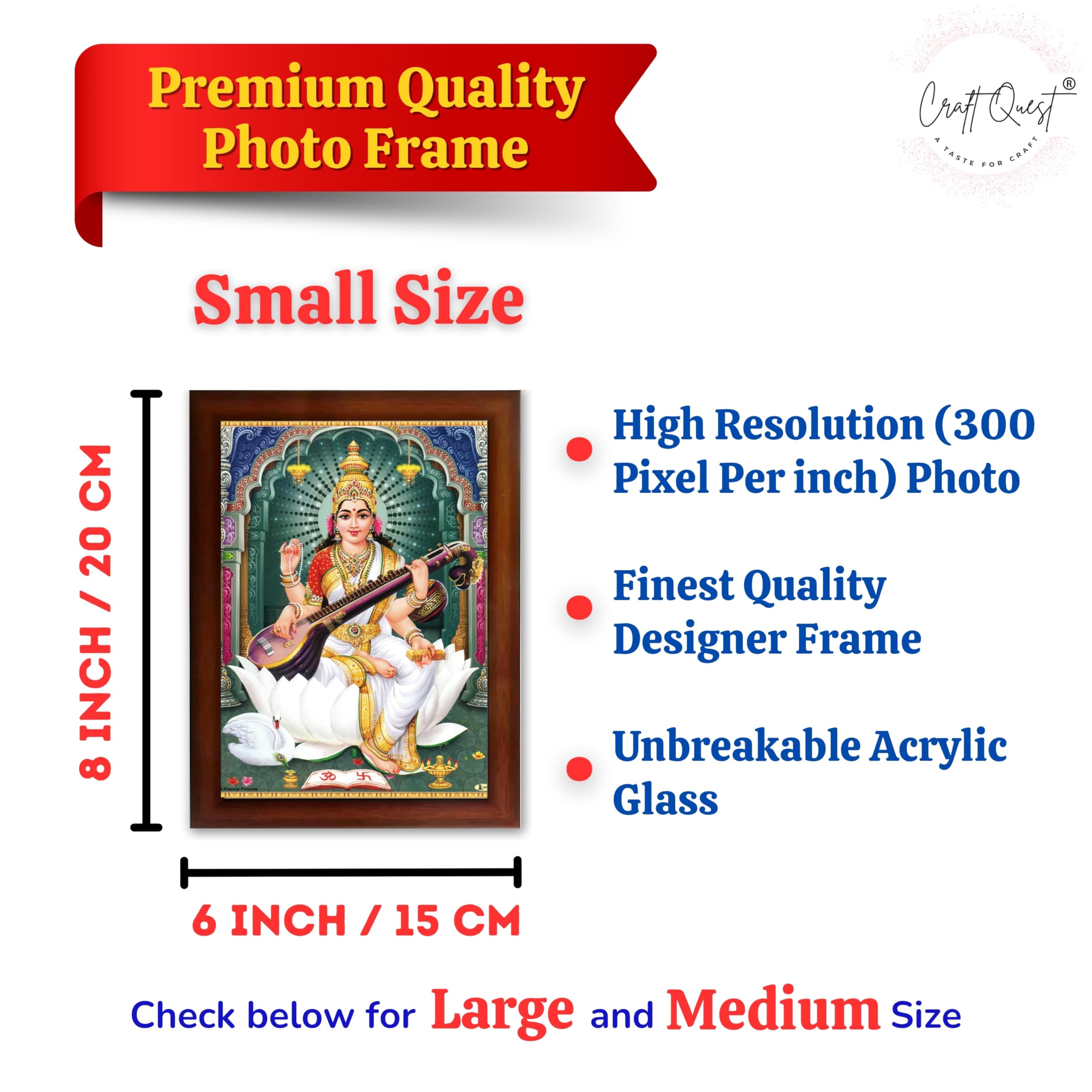 CRAFT QUEST Saraswati Devi Goddess Saraswathi Maa Wall Painting Sparkle Coated Framed Home Décor Synthetic wood