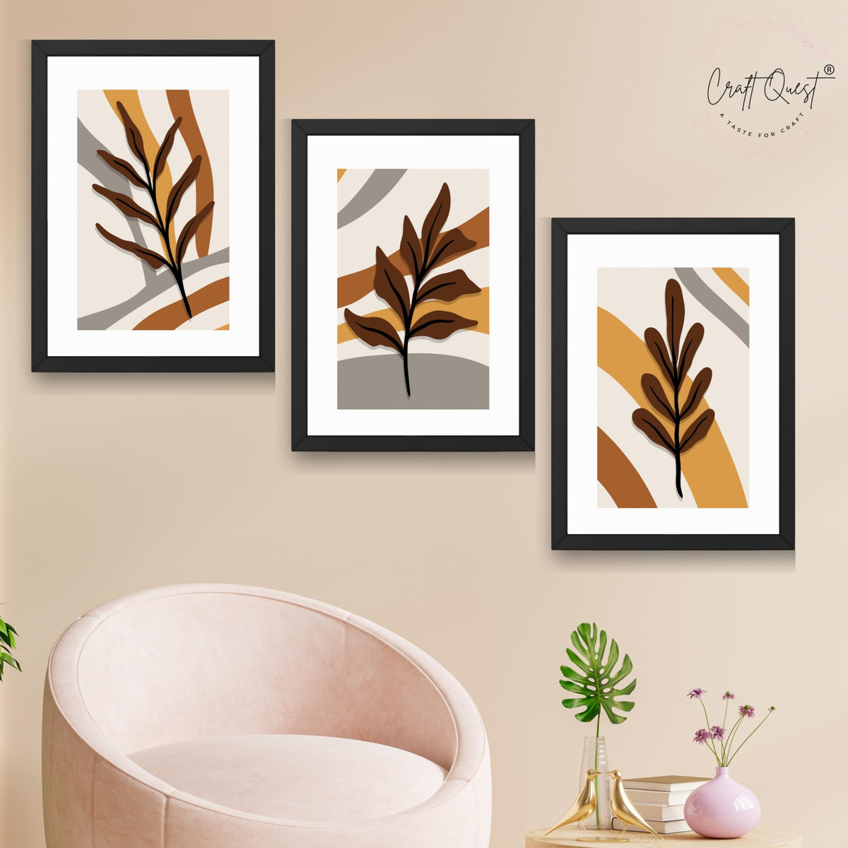 CRAFT QUEST Wall Art Decor Paintings | Set of 3 BOHO Wall Art Frames for Home Decoration | Ideal for Living Room, Bedrooms & Offices