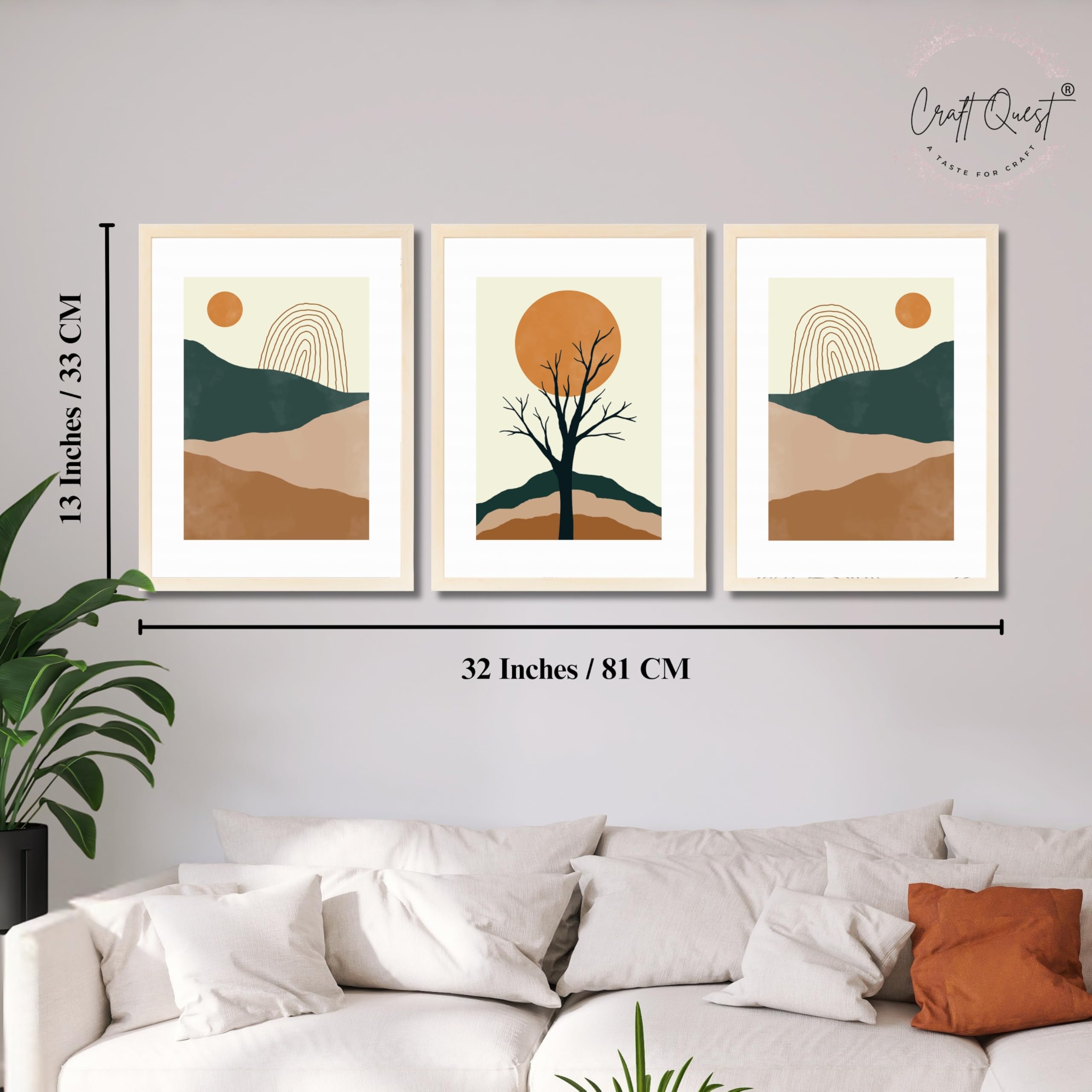 CRAFT QUEST SET OF 3 Modern Abstract Landscape Art | Set of 3 Frames for Home Decoration | Ideal for Living Room, Bedroom & Offices