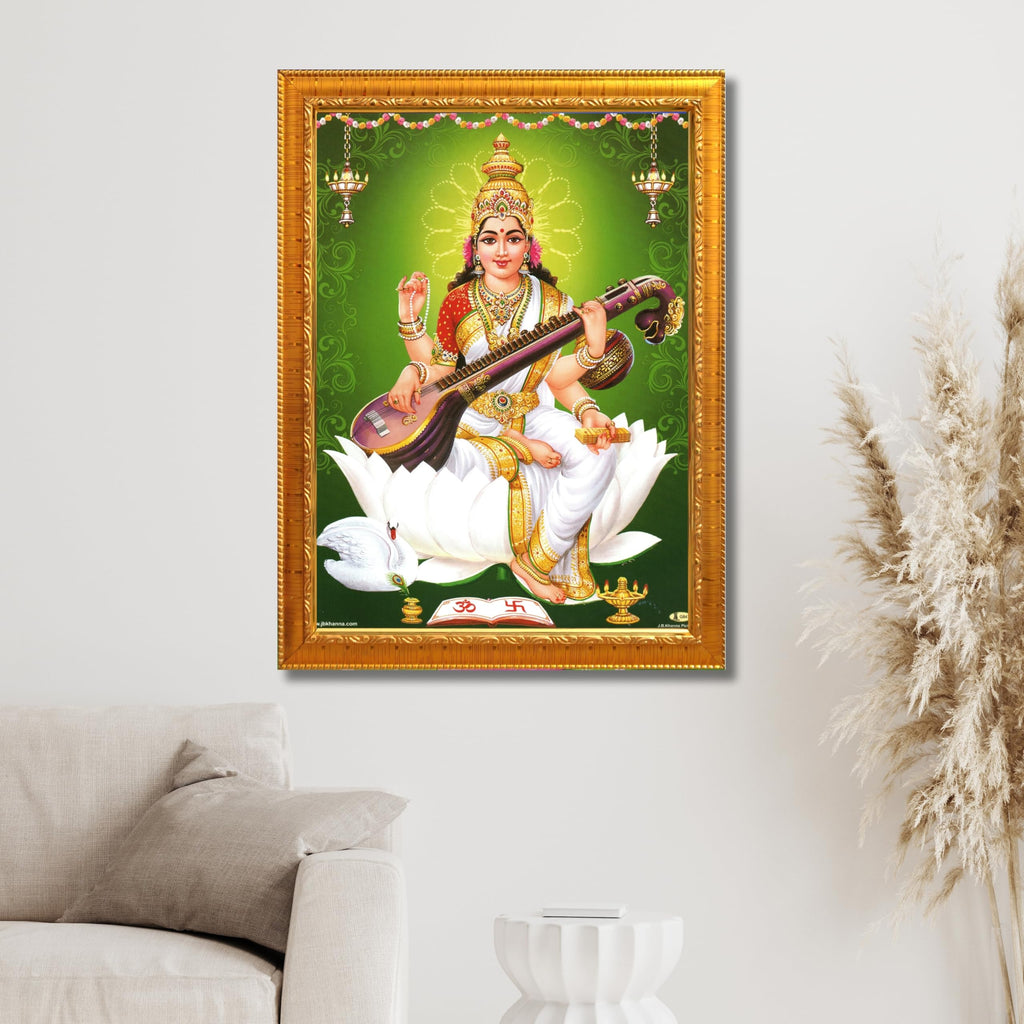 CRAFT QUEST Saraswati Devi Goddess Saraswathi Maa Wall Painting Sparkle Coated Framed Home Décor