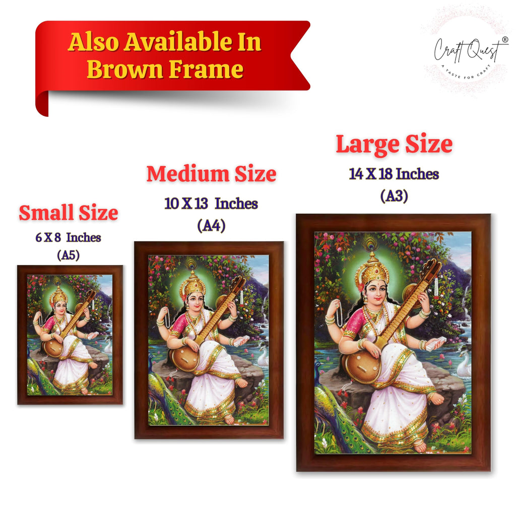 CRAFT QUEST Saraswati Devi Goddess Saraswathi Maa Wall Painting Framed Home Décor Synthetic wooden Framed