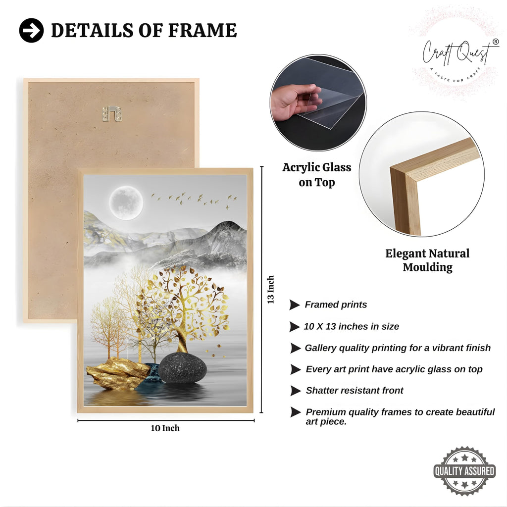 CRAFT QUEST Modern Art Landscape Golden Tree,Birds & Mountains Wall Art | Set of 3 Frames for Home Decoration | Ideal for Living Room, Bedroom & Offices