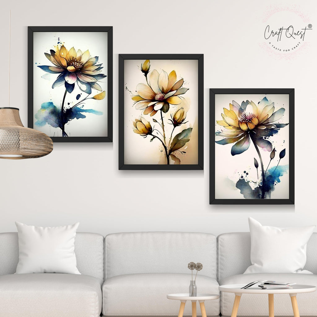 CRAFT QUEST Nature Inspired Triptych Flowers Abstract Wall Art | Set of 3 Frames for Home Decoration | Ideal for Living Room, Bedroom & Office