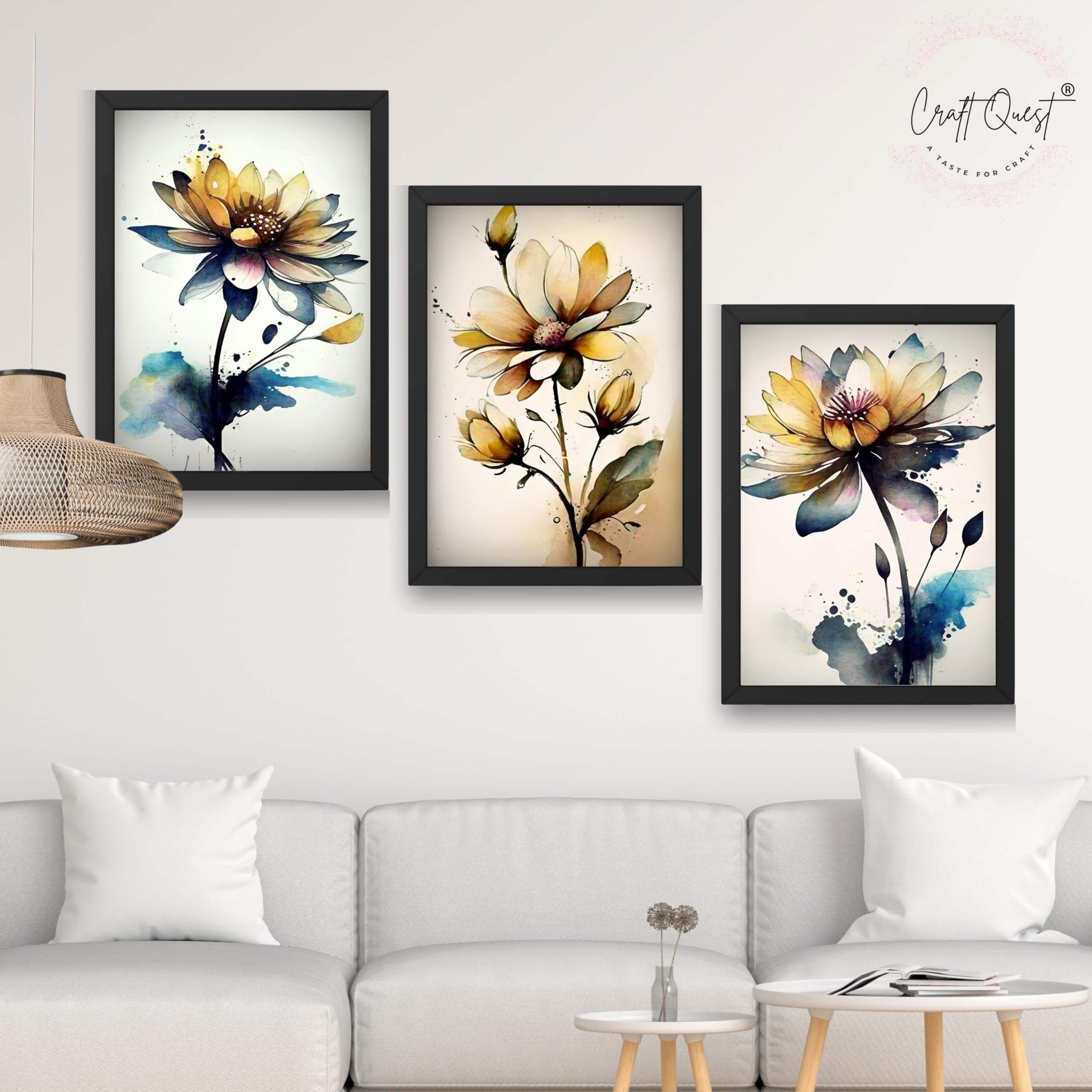 CRAFT QUEST Nature Inspired Triptych Flowers Abstract Wall Art | Set of 3 Frames for Home Decoration | Ideal for Living Room, Bedroom & Office