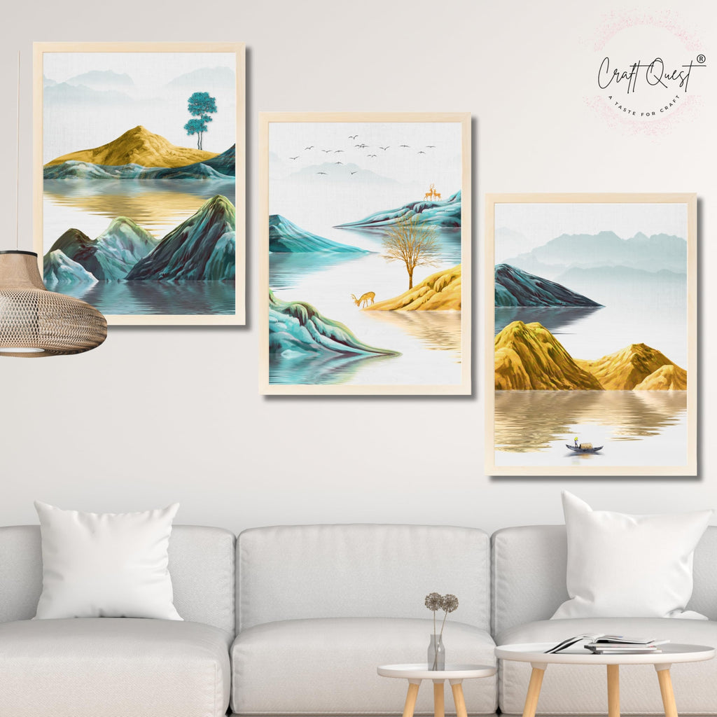 CRAFT QUEST Modern Art Abstract Geometric Gold Lines Wall Art | Set of 3 Frames for Home Decoration | Ideal for Living Room, Bedroom & Offices