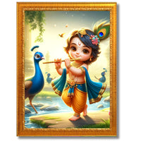 CRAFT QUEST Bal Gopal Makhan Chor Wall Photo Frame | Hindu God Kanha Devotional Home Decor | Pooja Room, Living Room, Gift Item