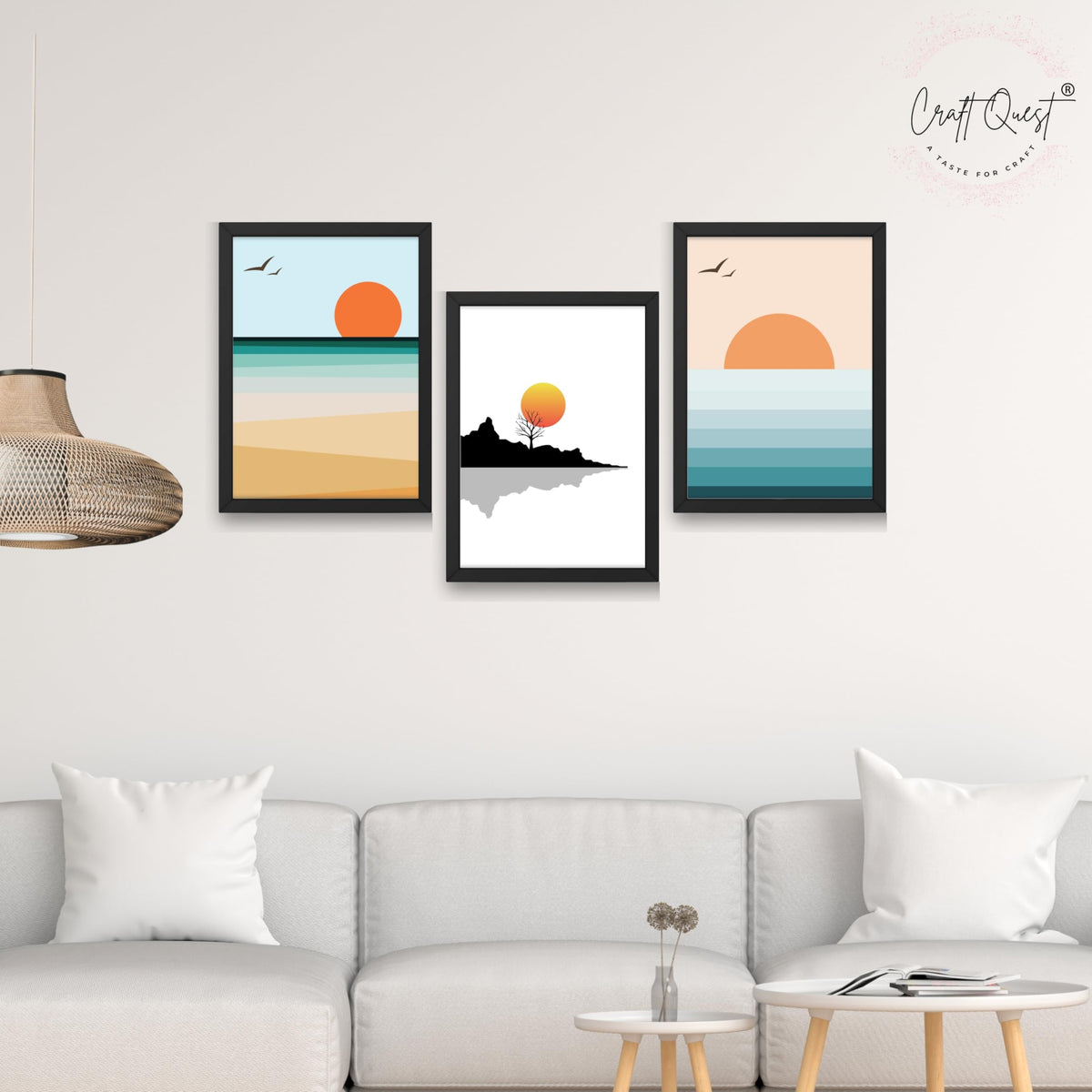CRAFT QUEST Nature Inspired Abstract Of Sunset Wall Art | Set of 3 Frames for Home Decoration | Ideal for Living Room, Bedroom & Offices
