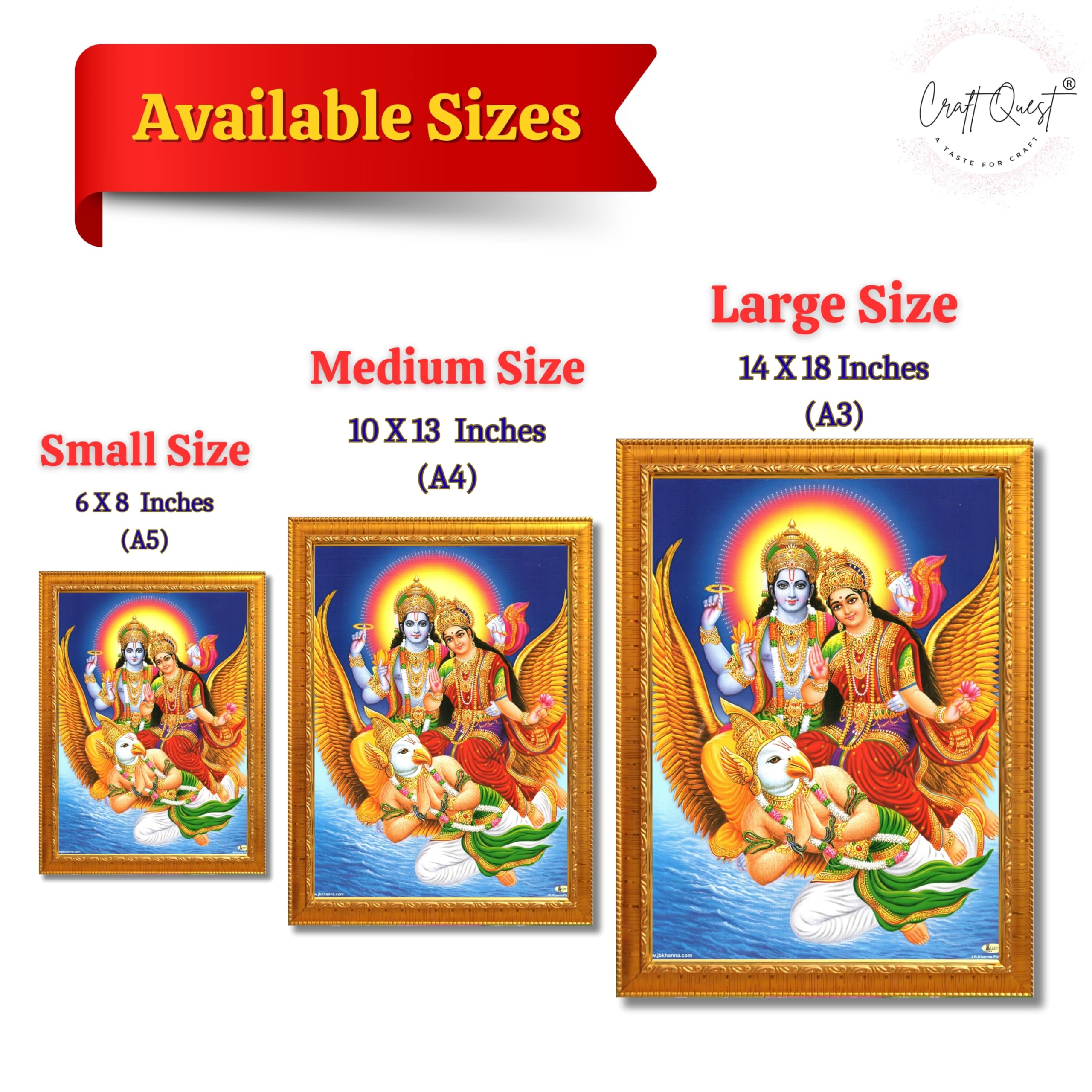 CRAFT QUEST Lord Vishnu and Goddess Lakshmi Giving Blessing on Garud Jii, Glitter Work Painting wooden framed