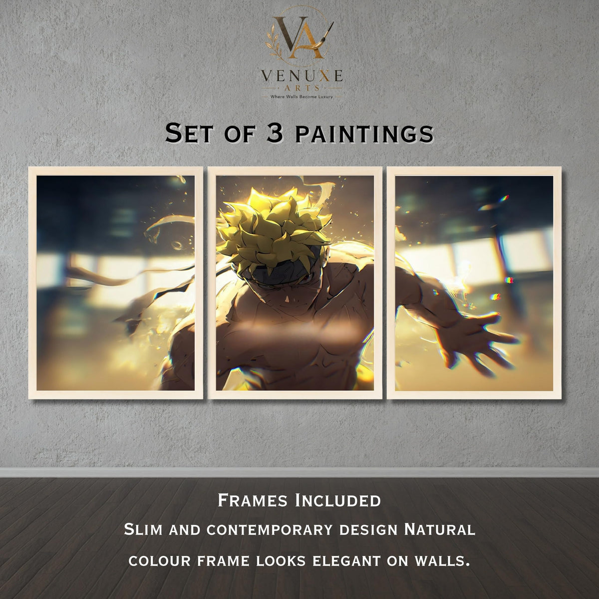 VENUXE ARTS Set Of 3 Anime Characters Wall Framed |Anime Characters Framed Poster for Living Room Bedroom Gaming Room Studio Wall Decor