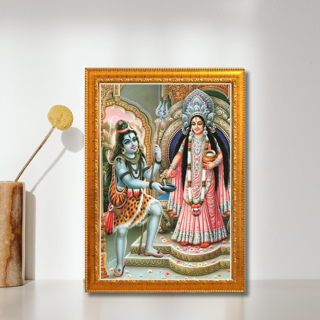 CRAFT QUEST Shiva & Maa Annapurna devi sitting on throne photo frame with Laminated Poster for Kitchen Worship (6 X 8 Inches, Golden)