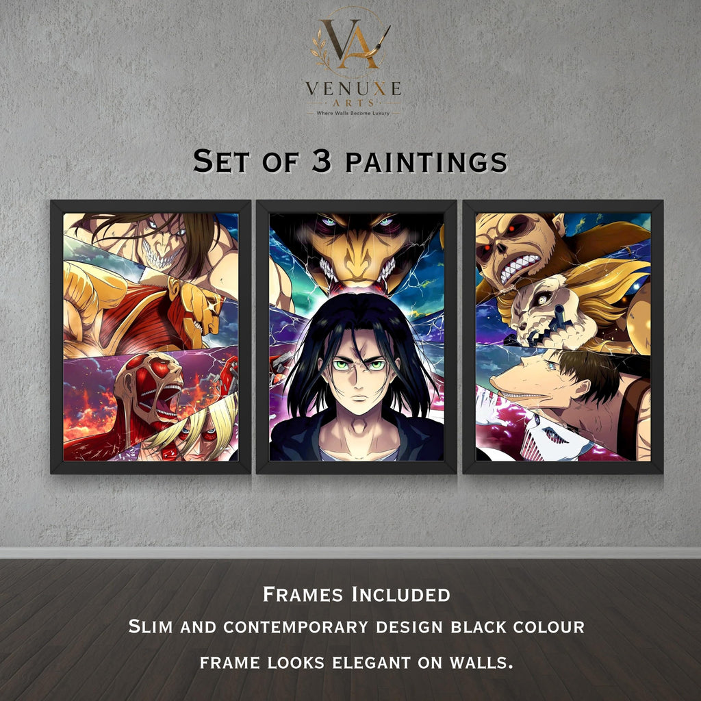 VENUXE ARTS Set Of 3 Anime Characters Wall Framed |Anime Characters Framed Poster for Living Room Bedroom Gaming Room Studio Wall Decor