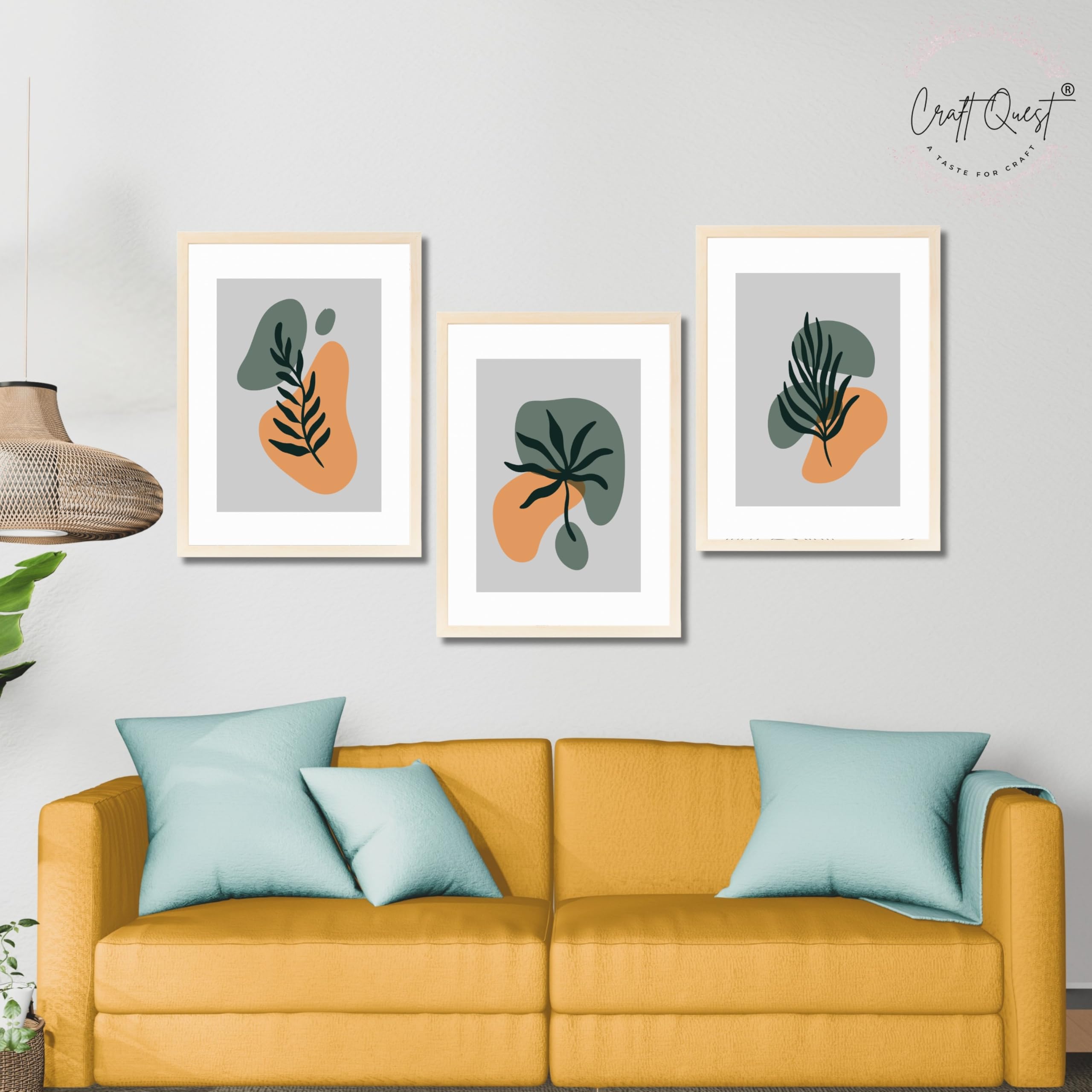 CRAFT QUEST Wall Art Decor Paintings | Set of 3 BOHO Wall Art Frames for Home Decoratio | Ideal for Living Room, Office & Bedroom