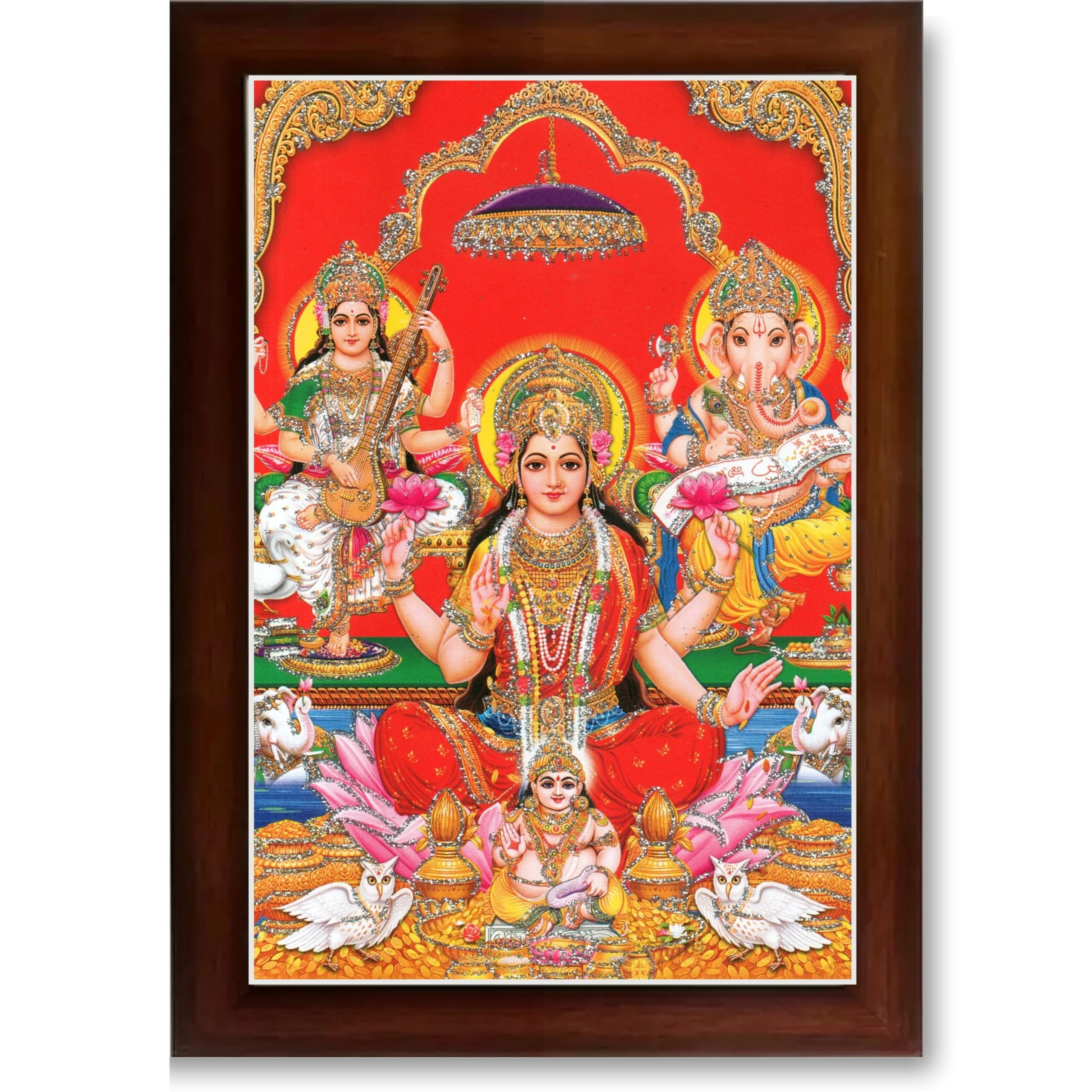 CRAFT QUEST Lord Laxmi Ganesh Saraswati Religious God Hindu Photo Frame for Diwali,Wall, Office, Temple, Pooja, Living Room Home and Decor Item