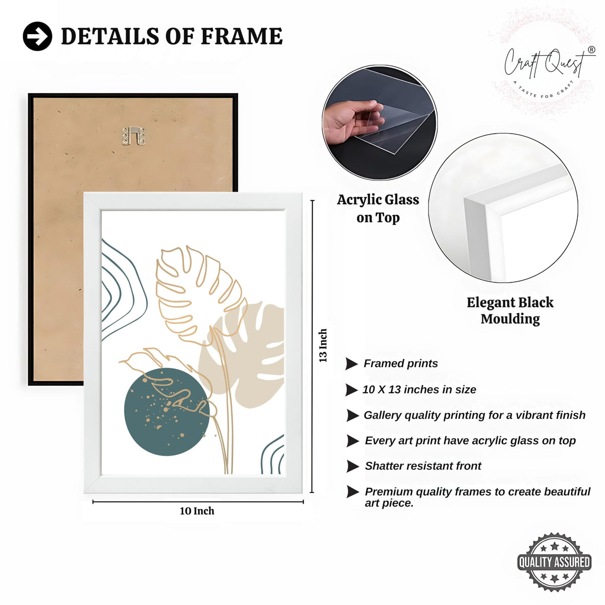 CRAFT QUEST Boho Leaf Artwork | Set of 3 Frames for Home Decoration | Ideal for Living Room, Bedroom & Offices