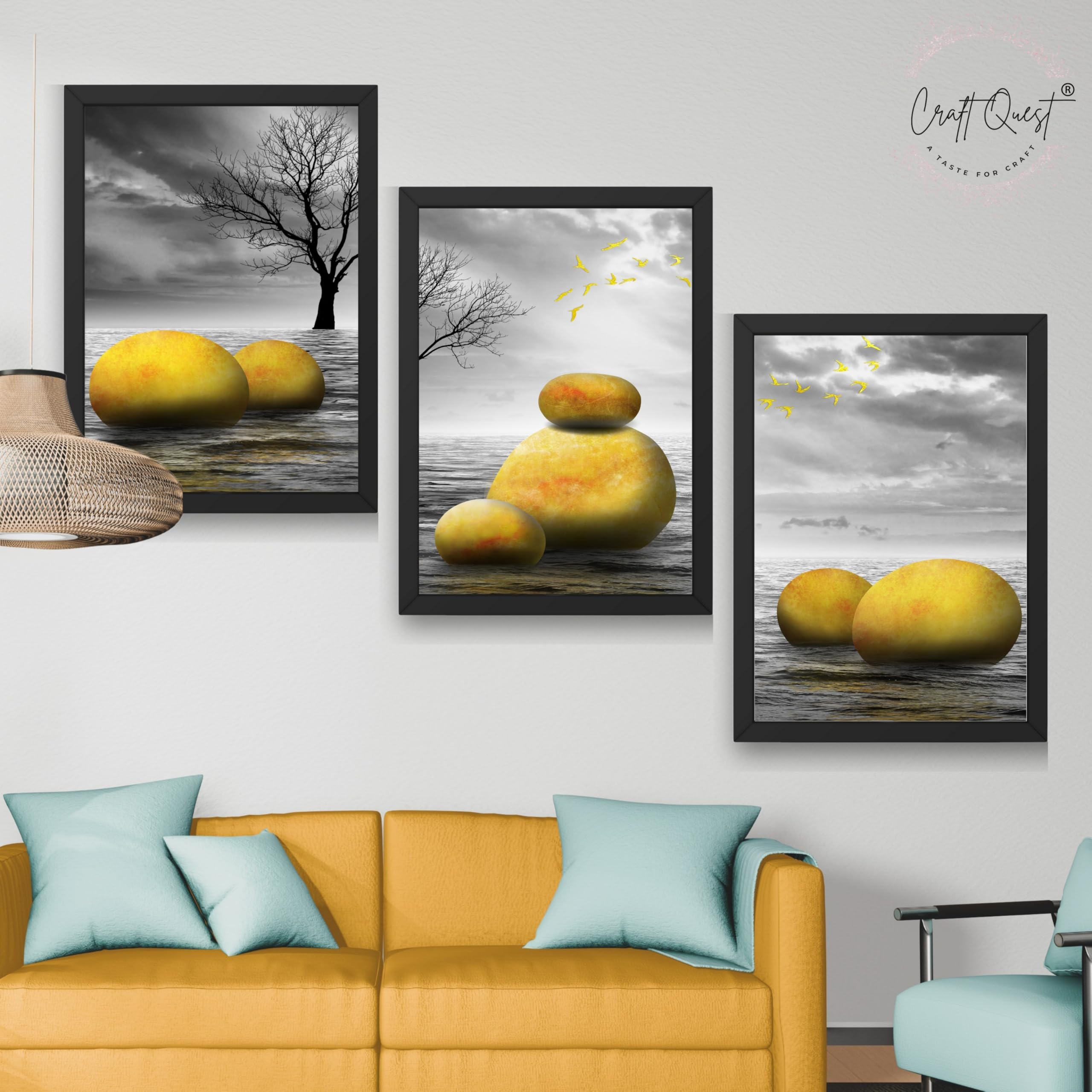 CRAFT QUEST Modern Abstract Golden Stone Art | Set of 3 Frames for Home Decoration | Ideal for Living Room, Bedroom & Offices