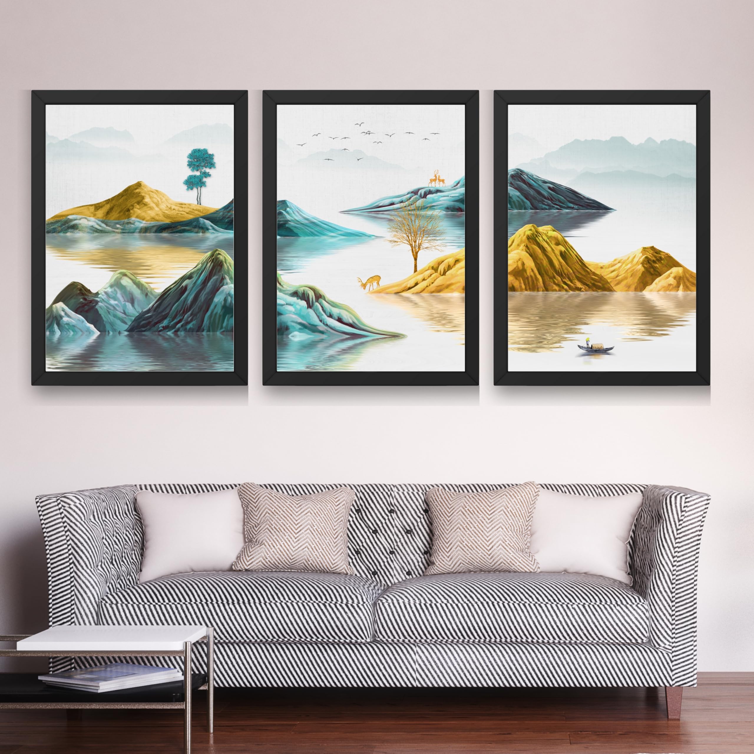CRAFT QUEST Modern Art Abstract Geometric Gold Lines Wall Art | Set of 3 Frames for Home Decoration | Ideal for Living Room, Bedroom & Offices