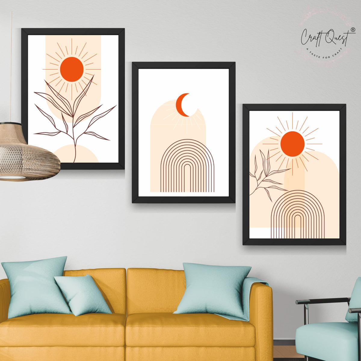 CRAFT QUEST Wall Art Decor Paintings | Set of 3 BOHO Wall Art Frames for Home Decoration | Ideal for Living Room, Bedroom & Office