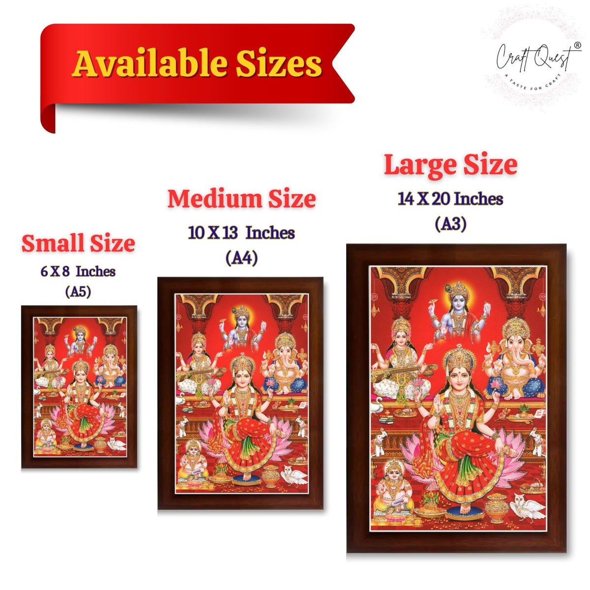 CRAFT QUEST Lakshmi Devi Ganesha Saraswati Ganesh ji Hanging Wall Painting Framed Home and Pooja Decor Hindu Bhagwan Devi Devta Photo Frame