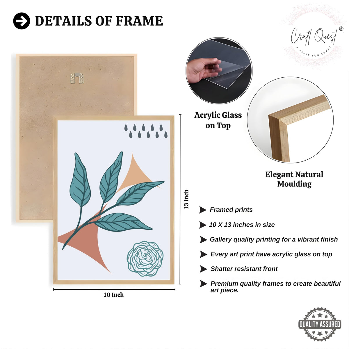 CRAFT QUEST Nature Inspired Botanical Wall Art Abstract Leaves Wall Art | Set of 3 Frames for Home Decoration | Ideal for Living Room, Bedroom & Office