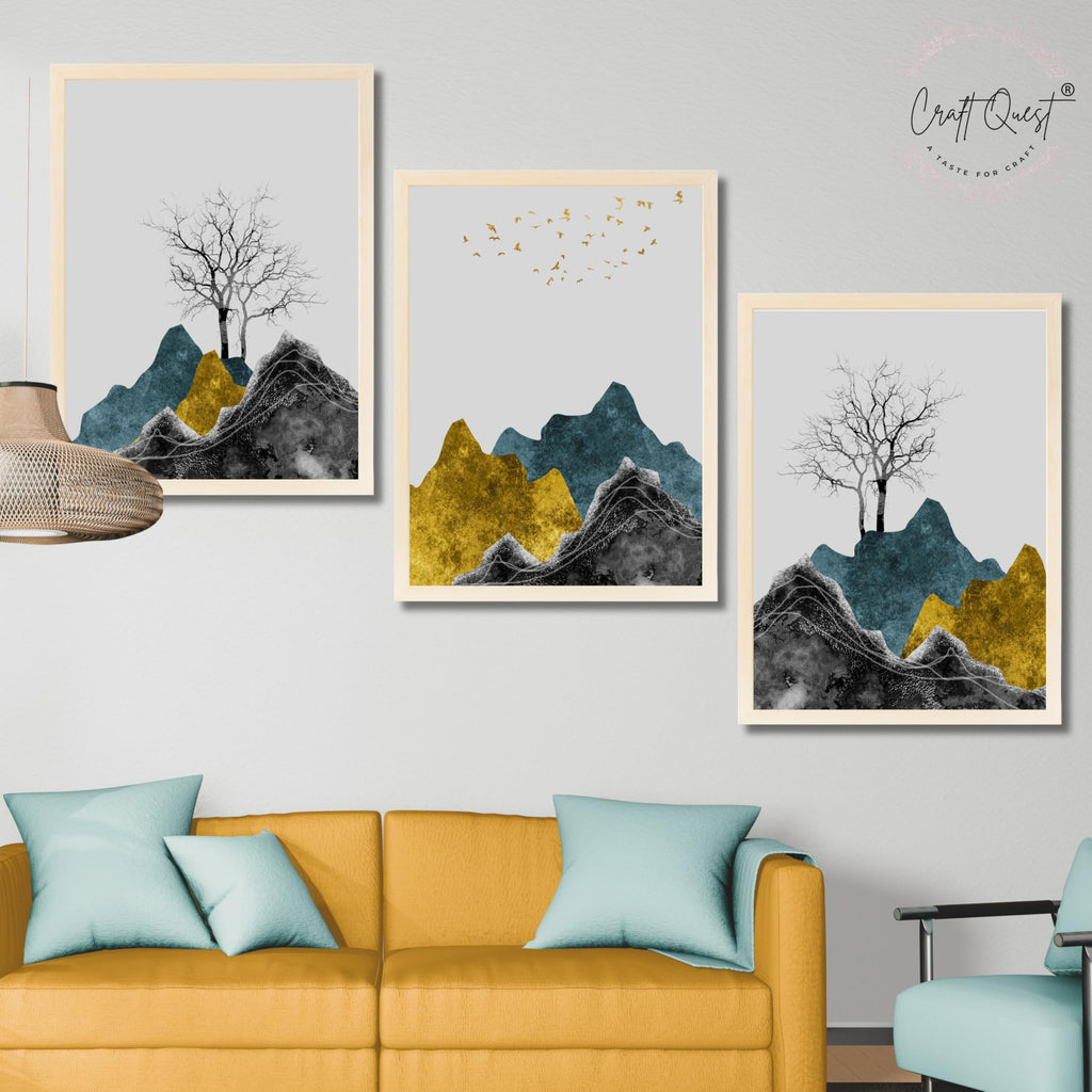 CRAFT QUEST Chinese Landscape Abstract Art Modern Art | Set of 3 Frames for Home Decoration | Ideal for Living Room, Bedroom & Offices