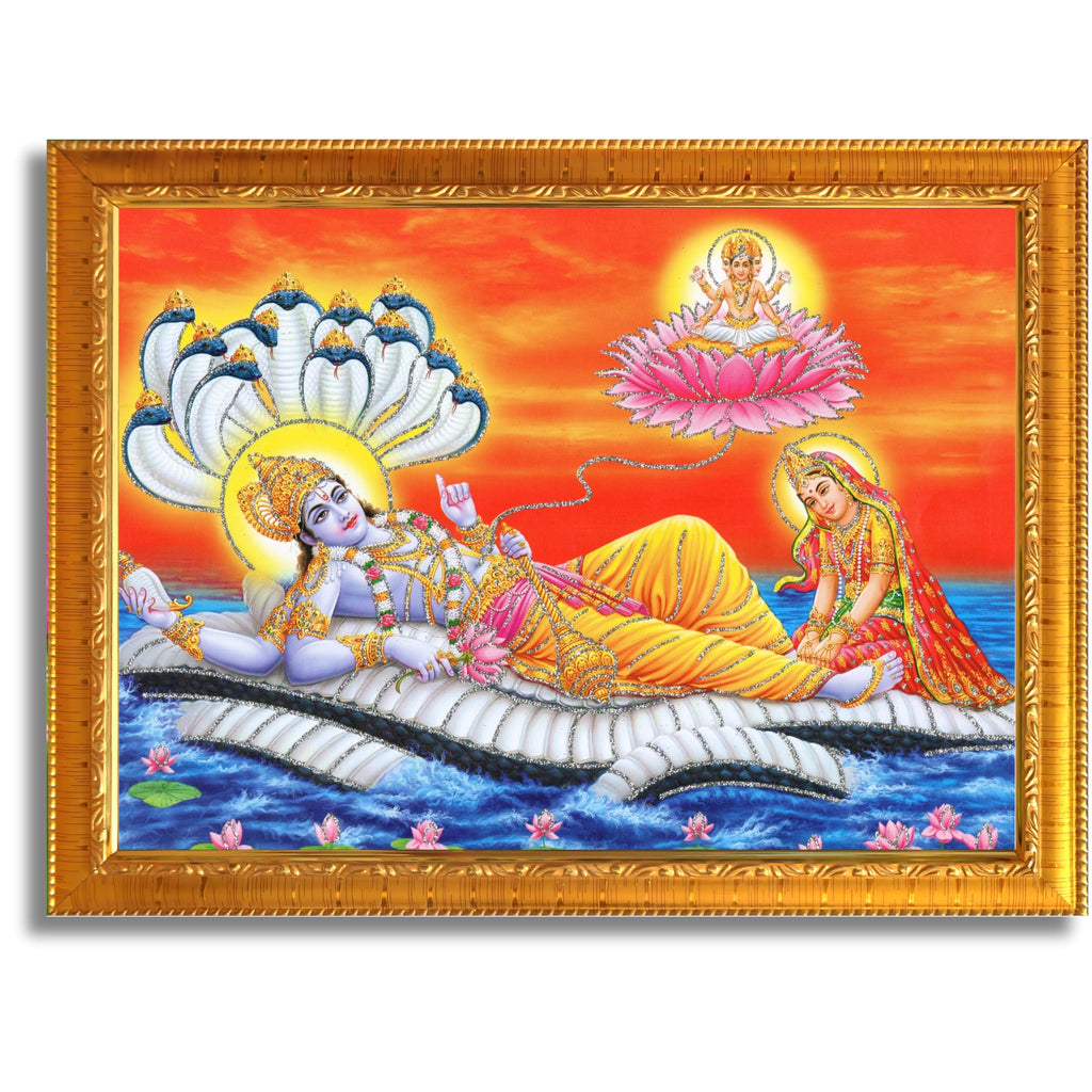 CRAFT QUEST Lord Vishnu and Goddess Lakshmi Giving Blessing on Shesh naag, landscape Glitter Work Painting Synthetic Wood Frame
