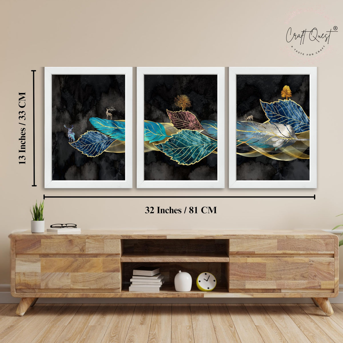 CRAFT QUEST Modern Art Blue,Turquoise & Red Leaves Wall Art | Set of 3 Frames for Home Decoration | Ideal for Living Room, Bedroom & Offices