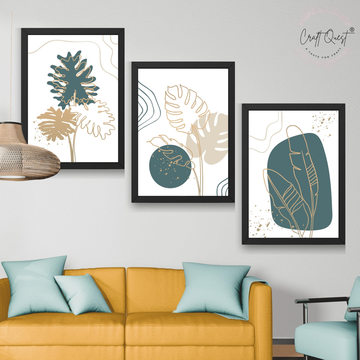 CRAFT QUEST Boho Leaf Artwork | Set of 3 Frames for Home Decoration | Ideal for Living Room, Bedroom & Offices