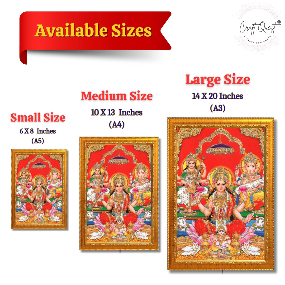 CRAFT QUEST Lord Laxmi Ganesh Saraswati Religious God Hindu Photo Frame for Diwali,Wall, Office, Temple, Pooja, Living Room Home and Decor Item