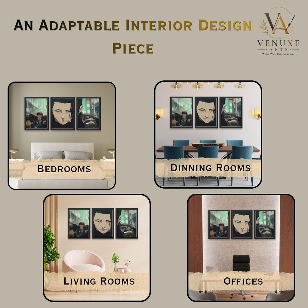 VENUXE ARTS Set Of 3 Anime Characters Wall Framed |Anime Characters Framed Poster for Living Room Bedroom Gaming Room Studio Wall Decor