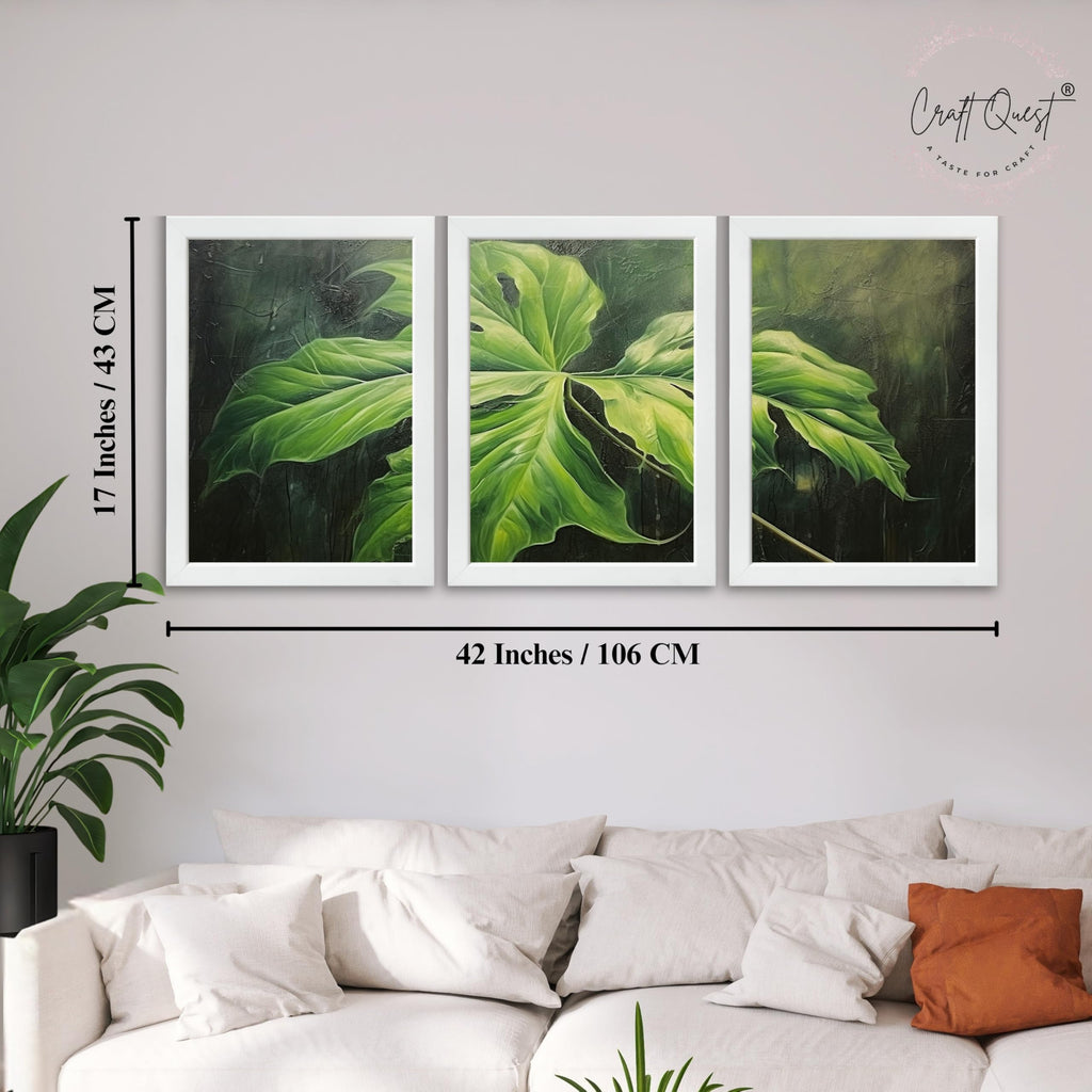 CRAFT QUEST Nature Inspired Painting Of Plant With Green Leaves Wall Art | Set of 3 Frames for Home Decoration | Ideal for Living Room, Bedroom & Offices
