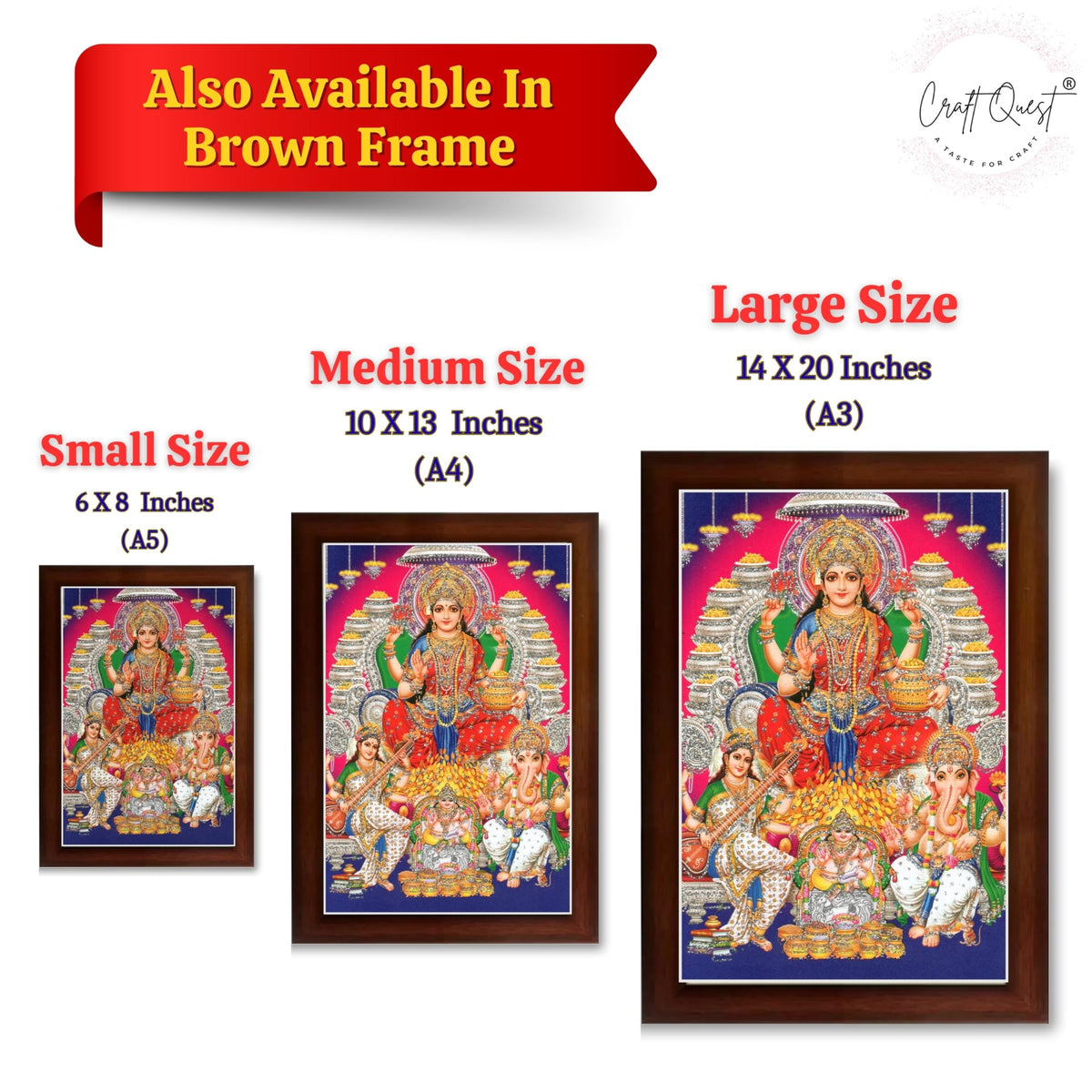 CRAFT QUEST Lord MahaLaxmi Ganesh Saraswati Ji Religious Hindu Photo Frame for Diwali,Wall, Table, Office, Temple, Pooja, Living Room and Decor