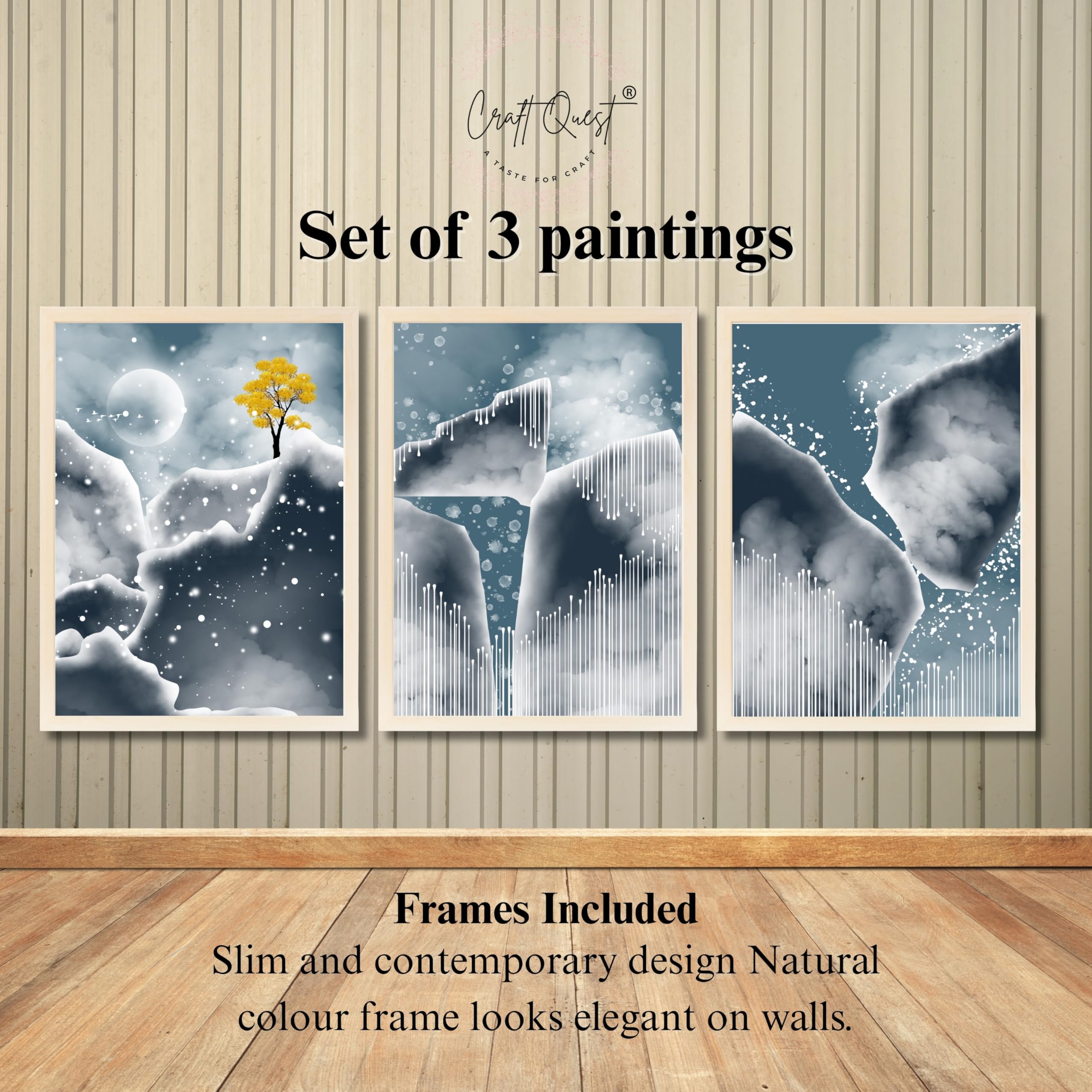 CRAFT QUEST Modern Art Abstract Blue Landscape Wall Art | Set of 3 Frames for Home Decoration | Ideal for Living Room, Bedroom & Offices