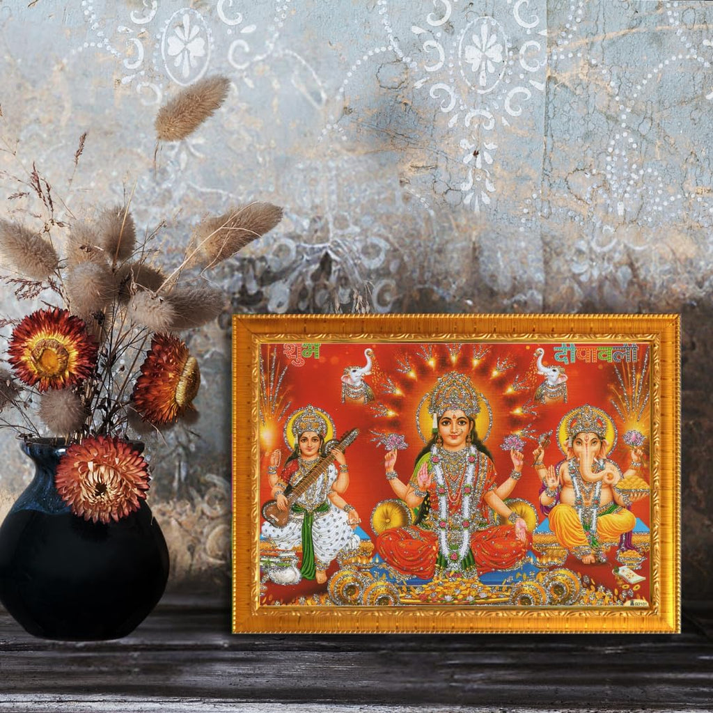 CRAFT QUEST Lakshmi Devi with ganesh ji and saraswati mata Wall Painting Photo Frame Home Decor (Synthetic, Sparkle Finish, Golden, Small Size, 8 X 6 Inch)