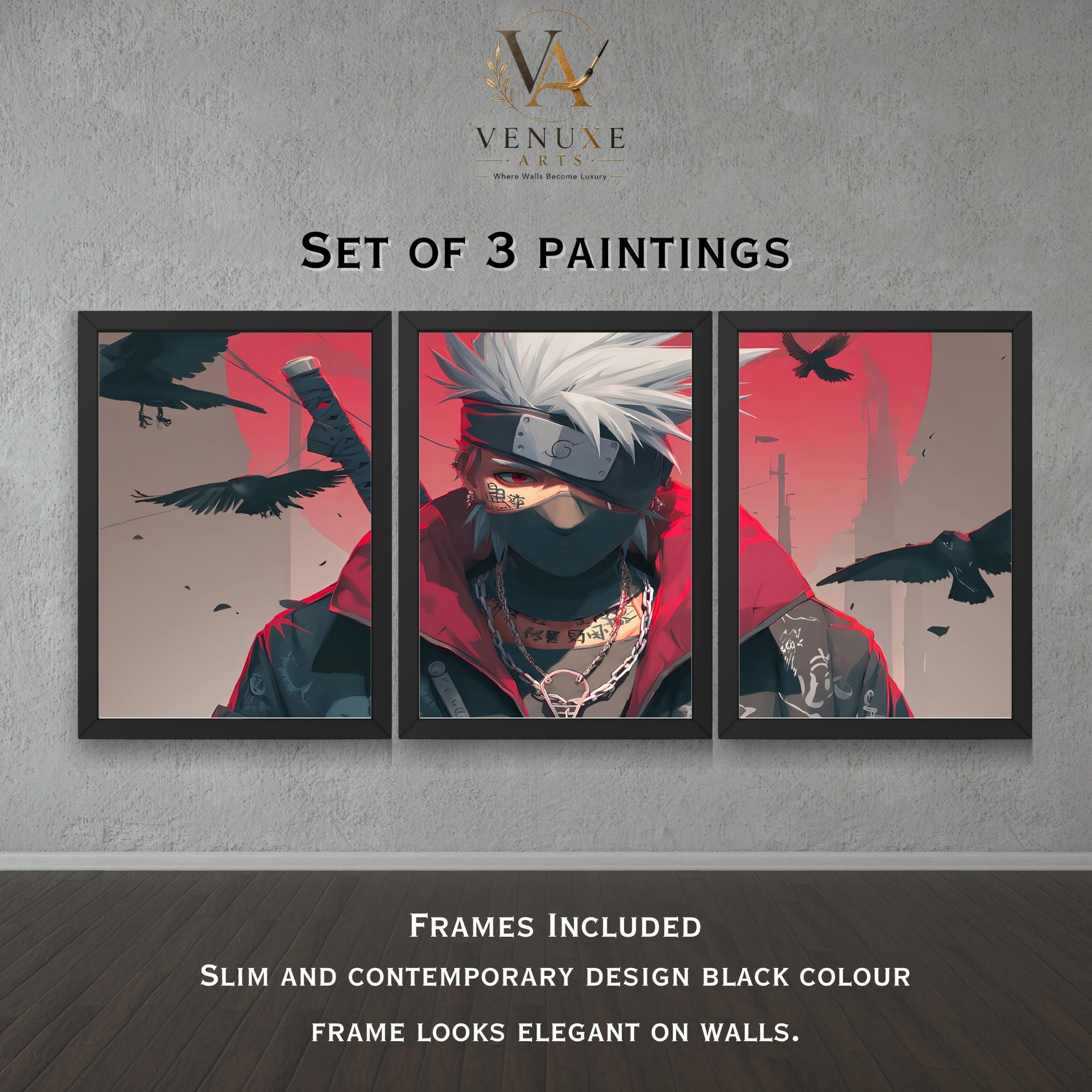 VENUXE ARTS Set Of 3 Anime Characters Wall Framed |Anime Characters Framed Poster for Living Room Bedroom Gaming Room Studio Wall Decor