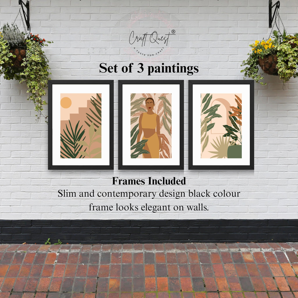 CRAFT QUEST Beautiful Abstract Of American Woman & Tropical Leaves Wall Art | Set of 3 Frames for Home Decoration | Ideal for Living Room, Bedroom & Offices