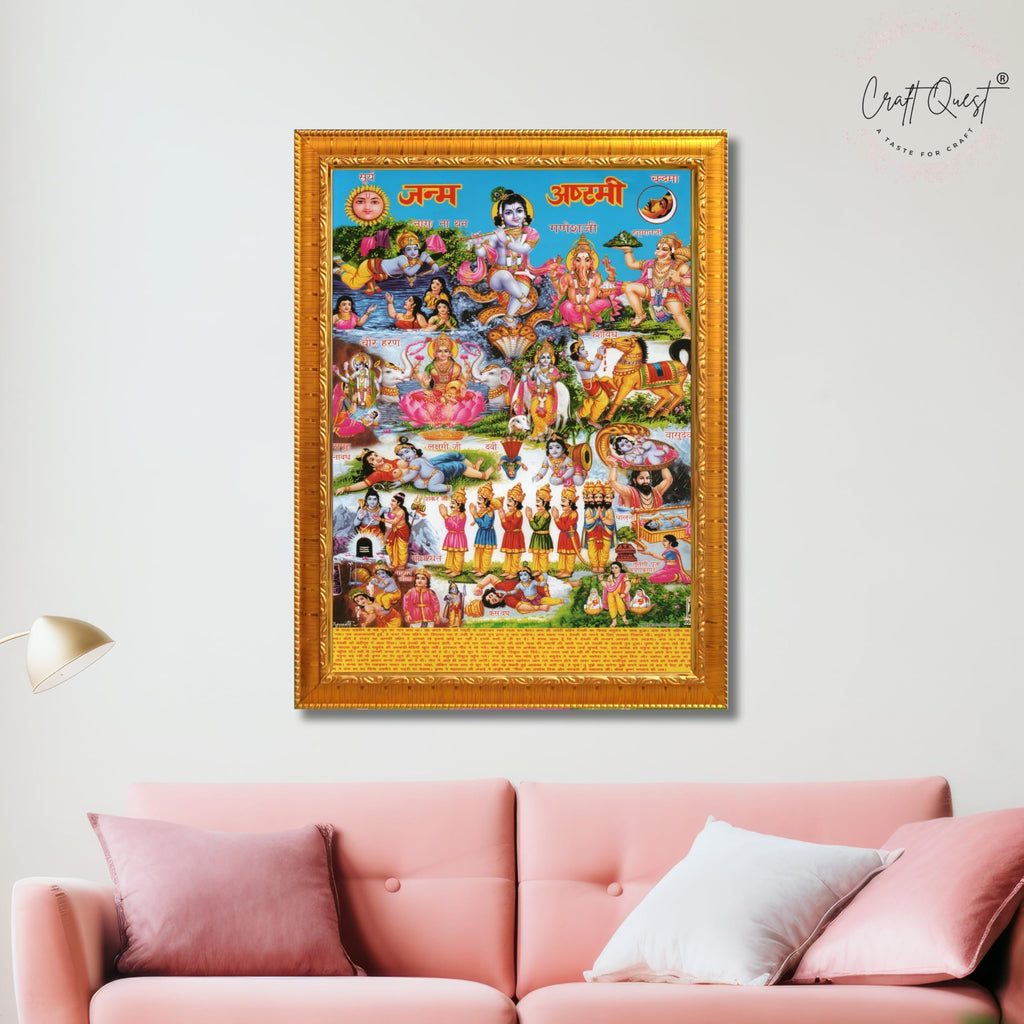CRAFT QUEST Krishna Janmashtami Photo with Frame, Janmashtami Painting, Hindu God Wall Art, Spiritual Photo for Home Decor, Pooja Room,