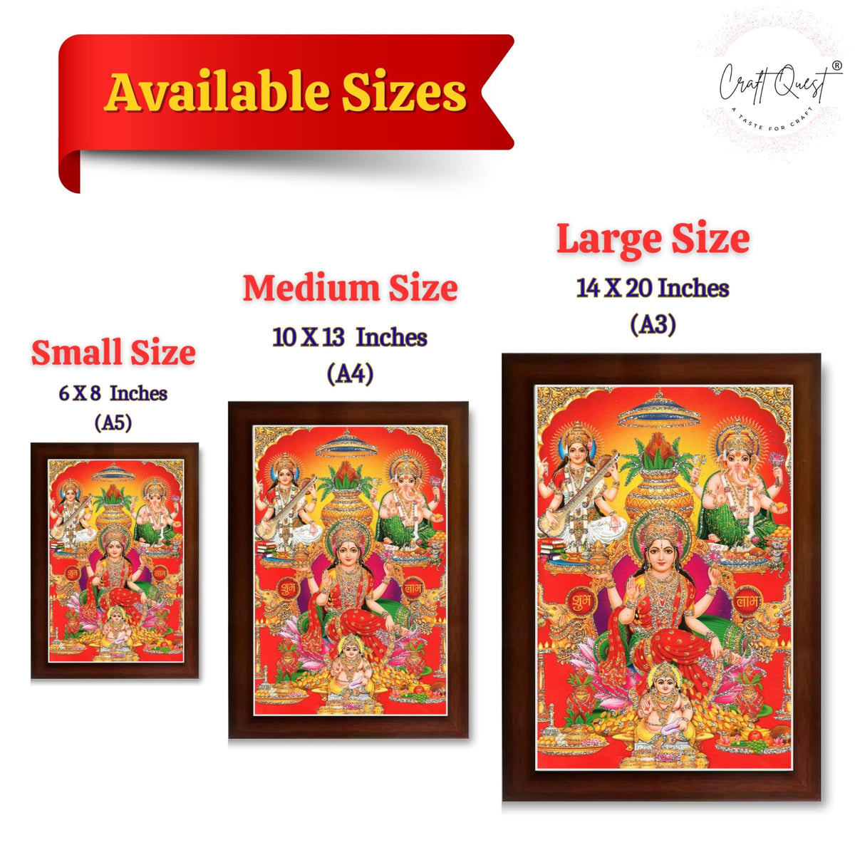 CRAFT QUEST Lord Laxmi Ganesh Saraswati Ji Religious Hindu Photo Frame for Wall, Table, Office, Temple, Pooja, Living Room and Home Decor Item