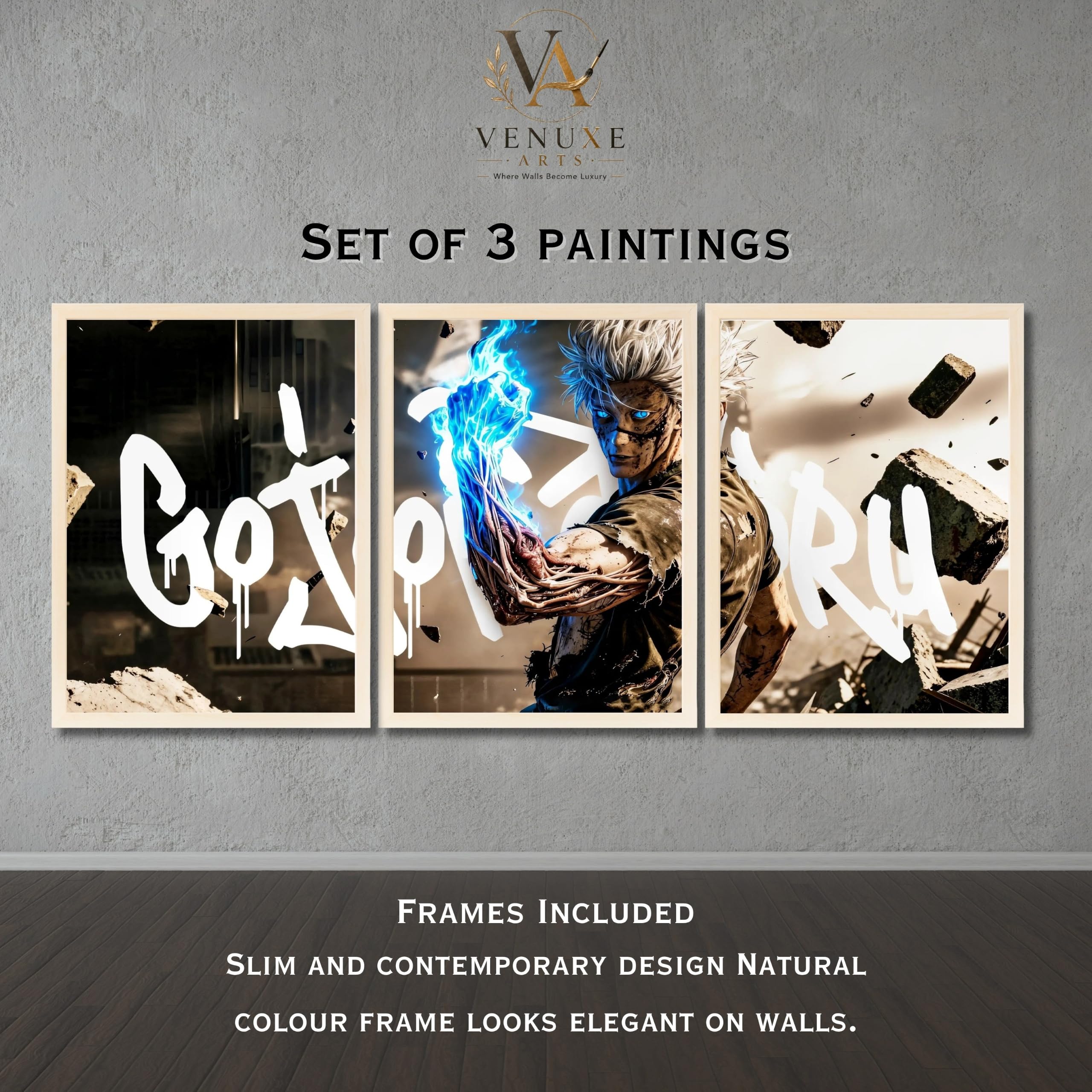 VENUXE ARTS Set Of 3 Anime Characters Wall Framed |Anime Characters Framed Poster for Living Room Bedroom Gaming Room Studio Wall Decor
