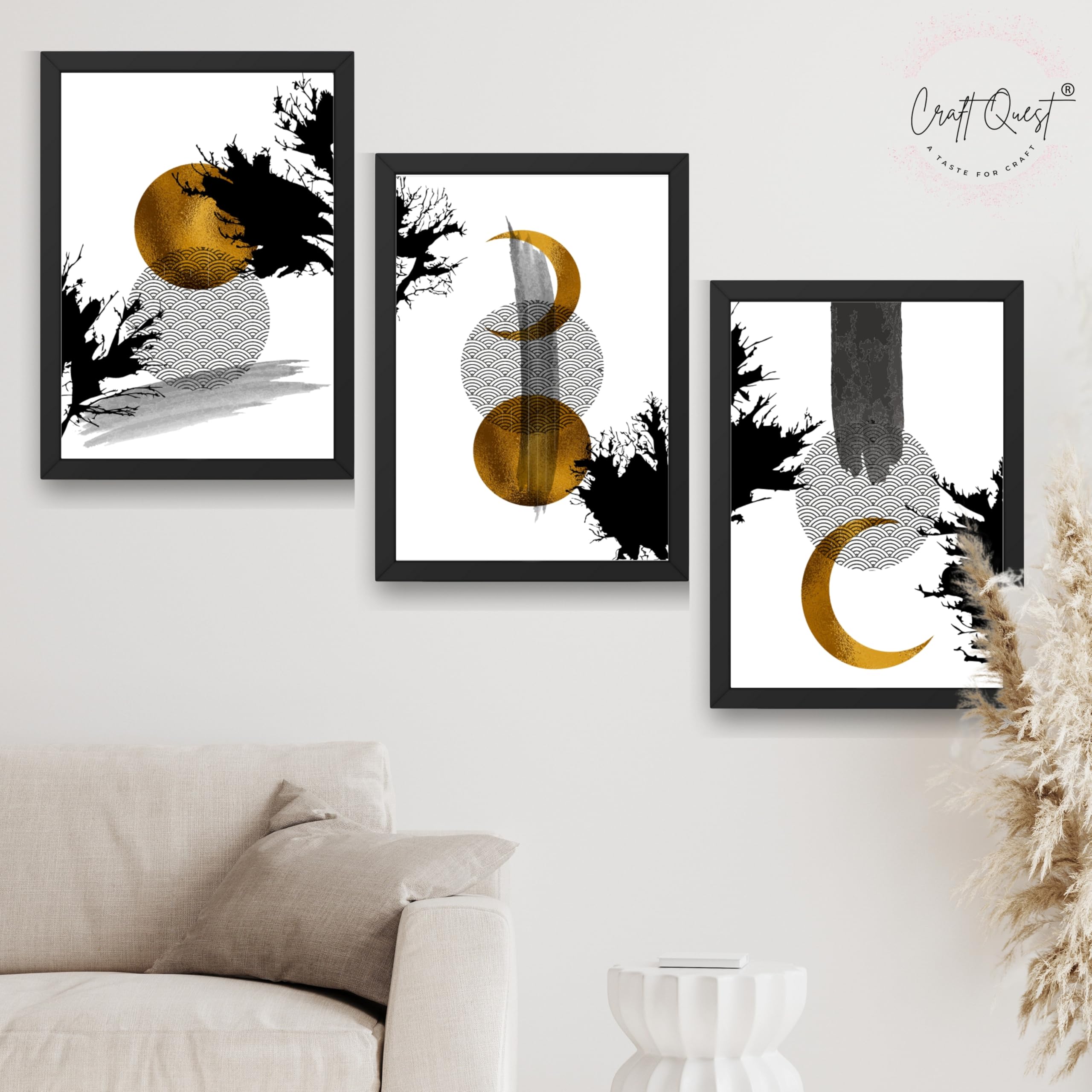 CRAFT QUEST Wall Art Decor Paintings | Set of 3 Abstract Wall Art Frames for Home Decoration | Ideal for Living Room, Bedrooms & Office