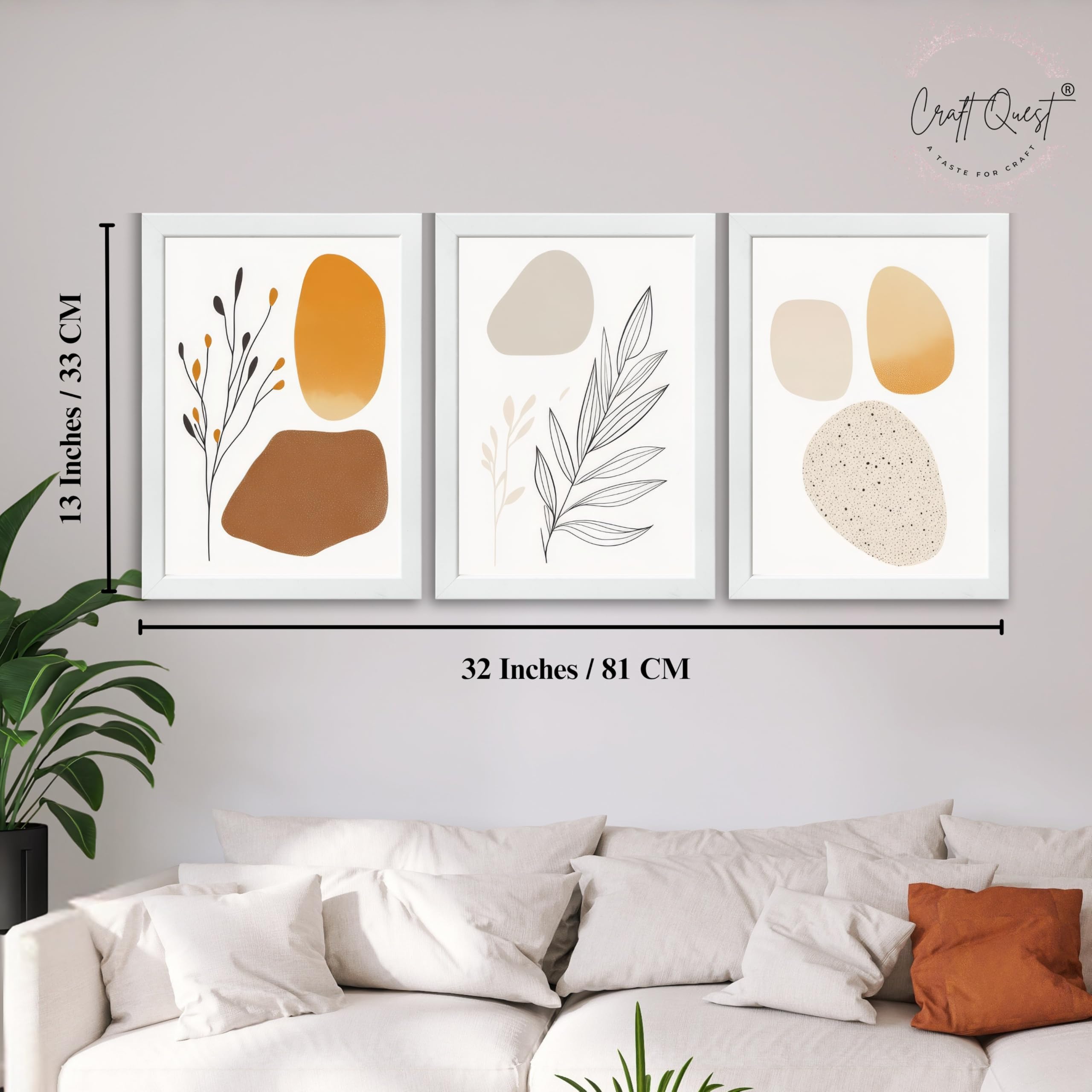 CRAFT QUEST SET OF 3 Organic Abstract Modern Wall Art | Set of 3 Frames for Home Decoration | Ideal for Living Room, Bedroom & Offices