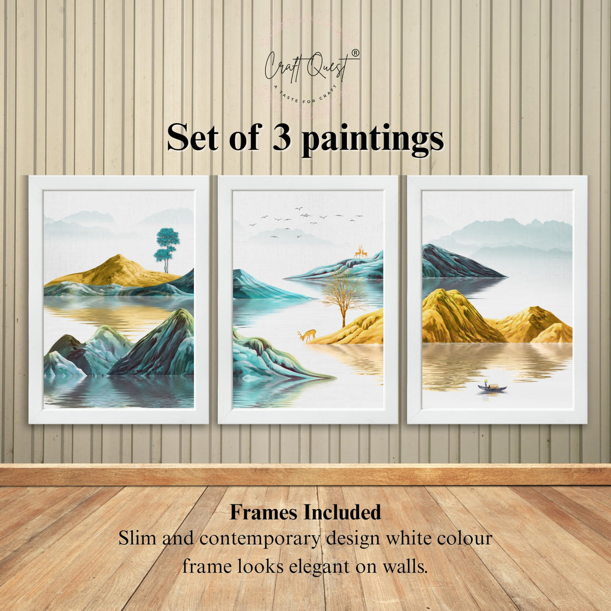 CRAFT QUEST Modern Art Abstract Geometric Gold Lines Wall Art | Set of 3 Frames for Home Decoration | Ideal for Living Room, Bedroom & Offices