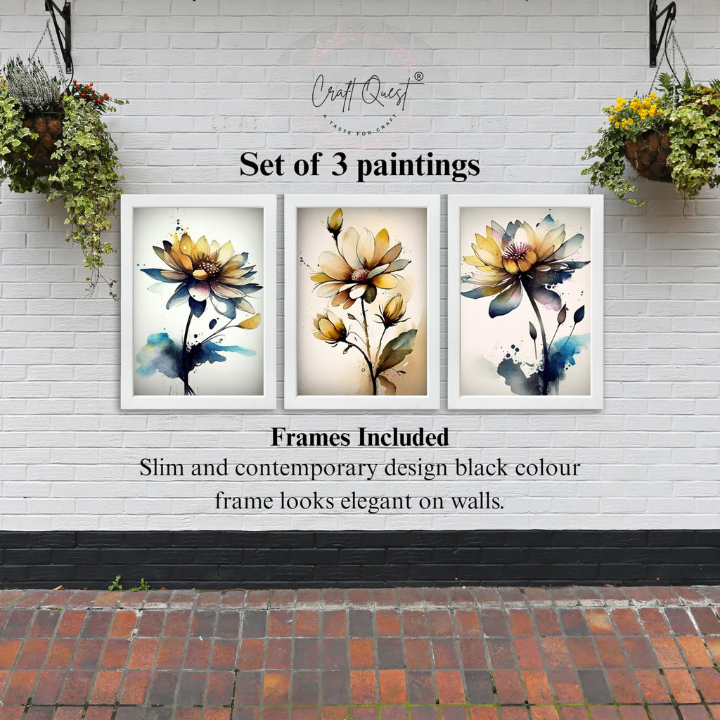 CRAFT QUEST Nature Inspired Triptych Flowers Abstract Wall Art | Set of 3 Frames for Home Decoration | Ideal for Living Room, Bedroom & Office