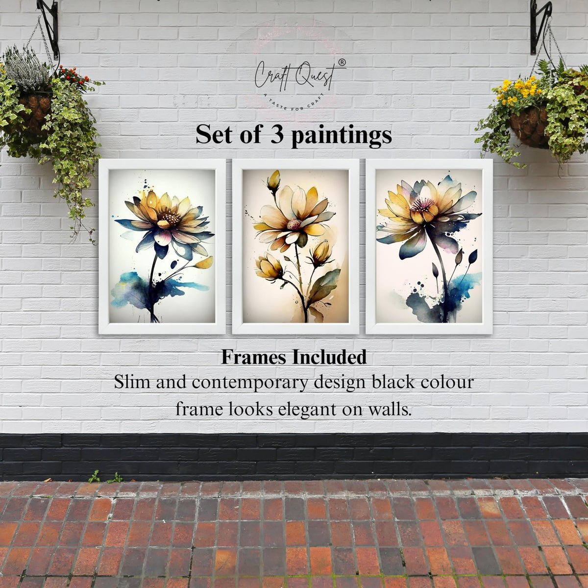 CRAFT QUEST Nature Inspired Triptych Flowers Abstract Wall Art | Set of 3 Frames for Home Decoration | Ideal for Living Room, Bedroom & Office