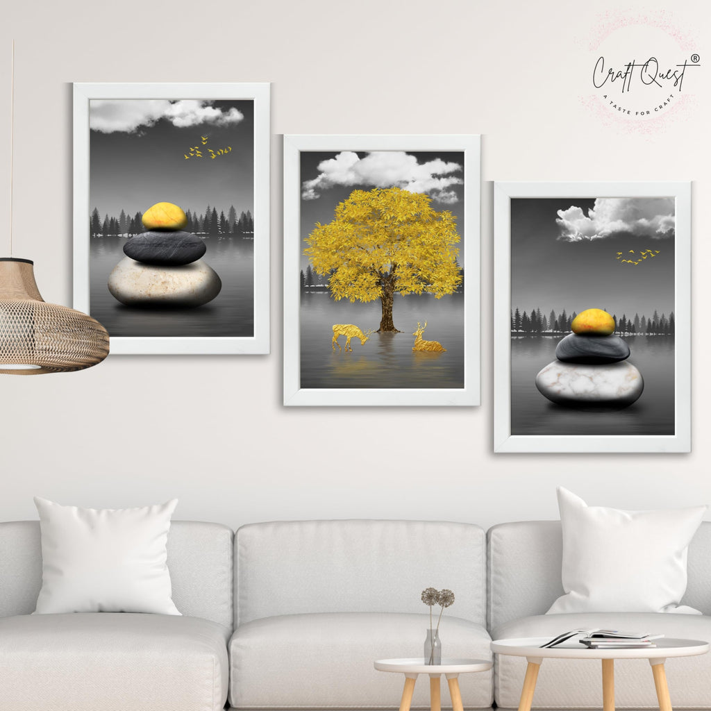 CRAFT QUEST Modern Art Geometric Landscapes Wall Art | Set of 3 Frames for Home Decoration | Ideal for Living Room, Bedroom & Offices