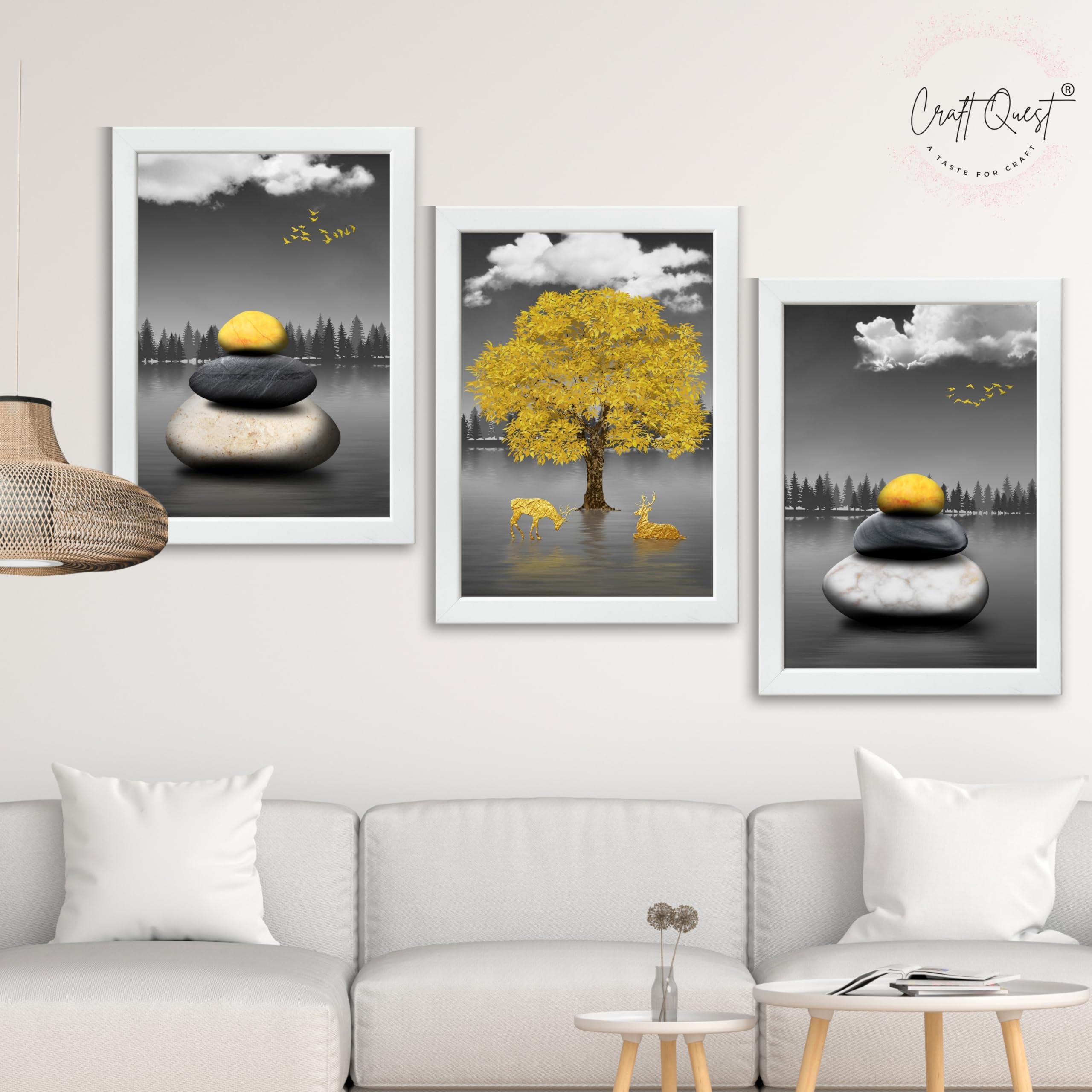 CRAFT QUEST Modern Art Geometric Landscapes Wall Art | Set of 3 Frames for Home Decoration | Ideal for Living Room, Bedroom & Offices